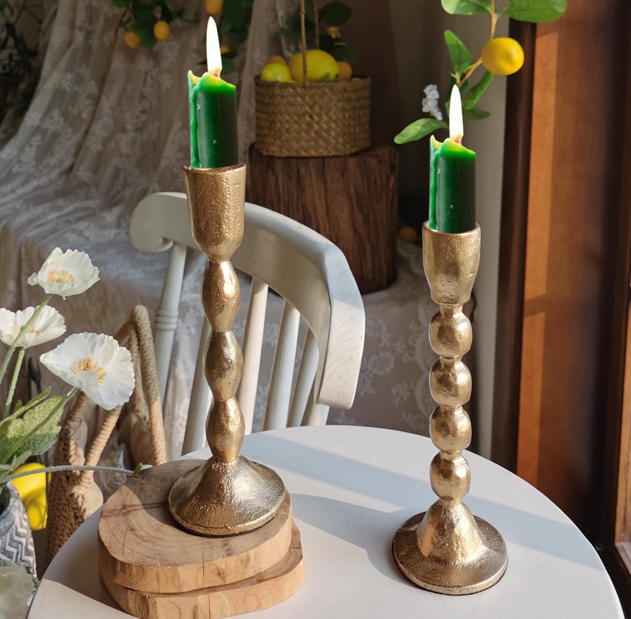 Kerzenhalter aus antikem Eisen, Set mit 2 dekorativen Kerzenleuchtern, Messing-Finish, Kerzenständer für Hochzeiten, Abendessen und Partys