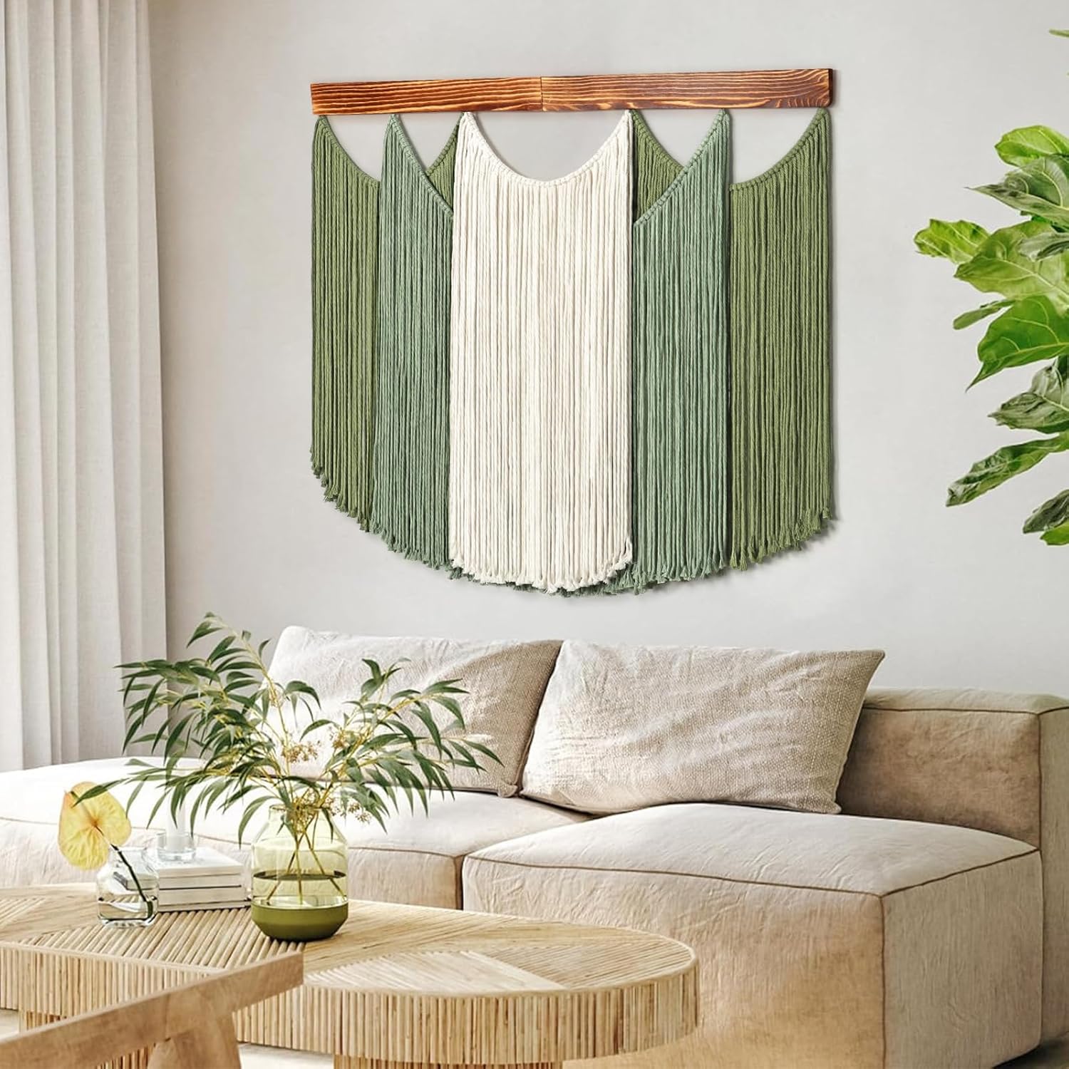 Dremisland Macrame Wall Hanging Dip-Dyed Large Boho Wall Decor Yarn Tapestry Handmade Sage Green Woven Tapestry Wall Art Decorations for Bedroom Living Room Nursery Apartment 31.5"x29.5"