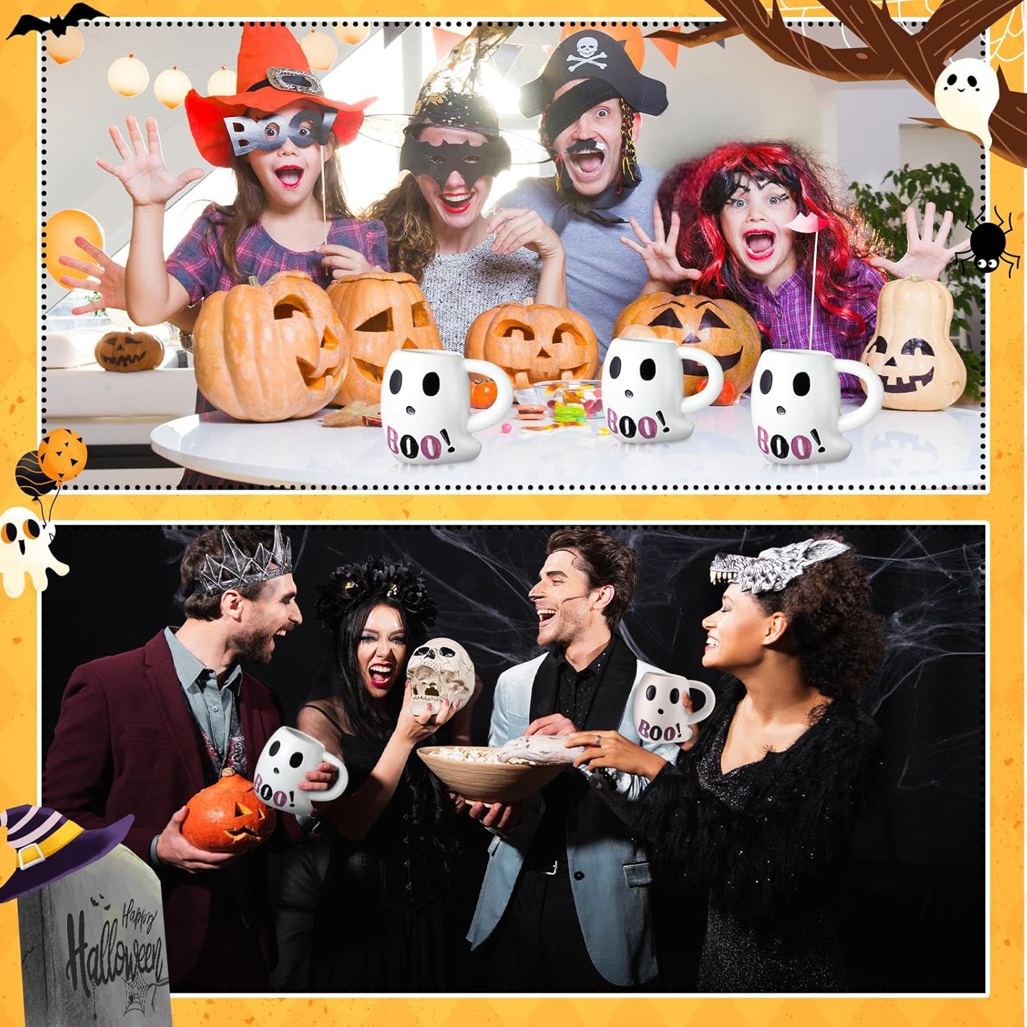 4 Pcs 12 oz Halloween Ghost Mugs Novelty 3D Coffee Boo Mugs Bulk Ceramic White Ghost Face Cups with Handle for Halloween Birthday Holiday Gift Party Supplies Decorations