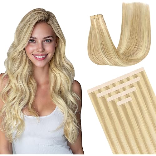DOORES Tape-in Hair Extensions, 10pcs 30g 26 Inch Dirty Blonde Highlight Golden Blonde, Human Hair Extensions, Natural, Straight