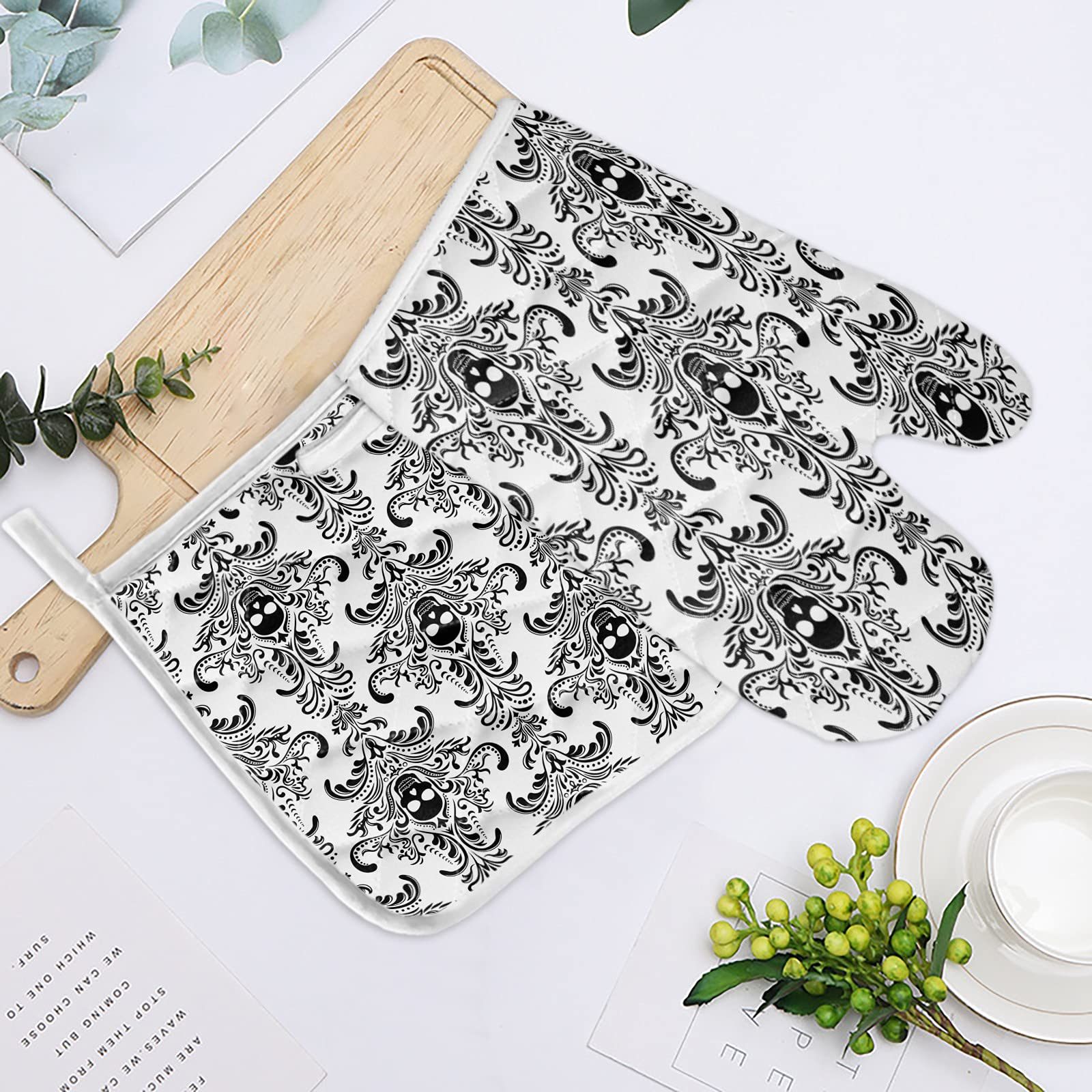 Lot de 2 gants de cuisine et maniques avec doublure en coton doux, motif tête de mort et fleurs d'Halloween