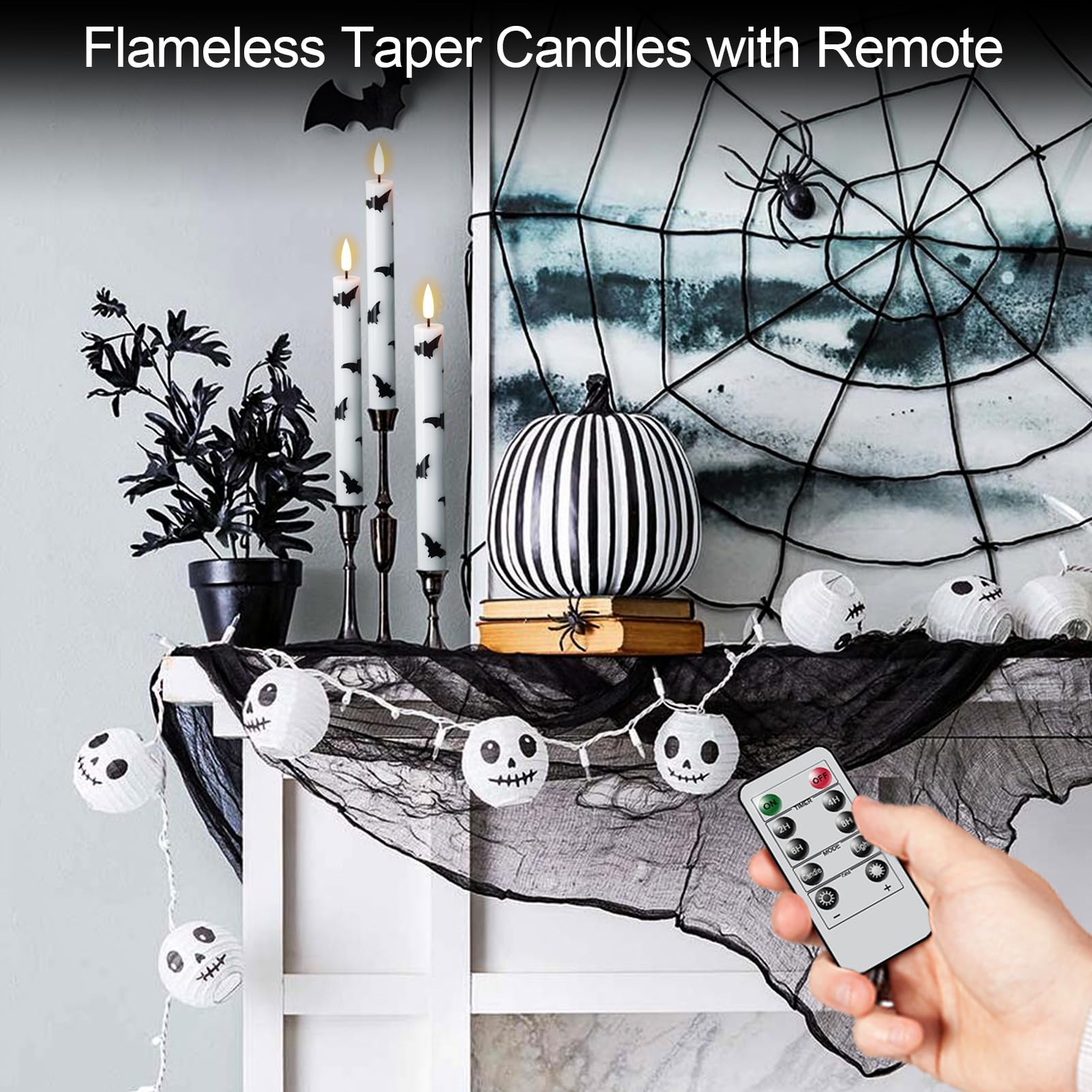 GenSwin Candele coniche senza fiamma per Halloween, confezione da 4 candele a LED coniche a batteria con timer remoto, candele senza fiamma tremolanti in vera cera bianca con stampe di pipistrelli per
