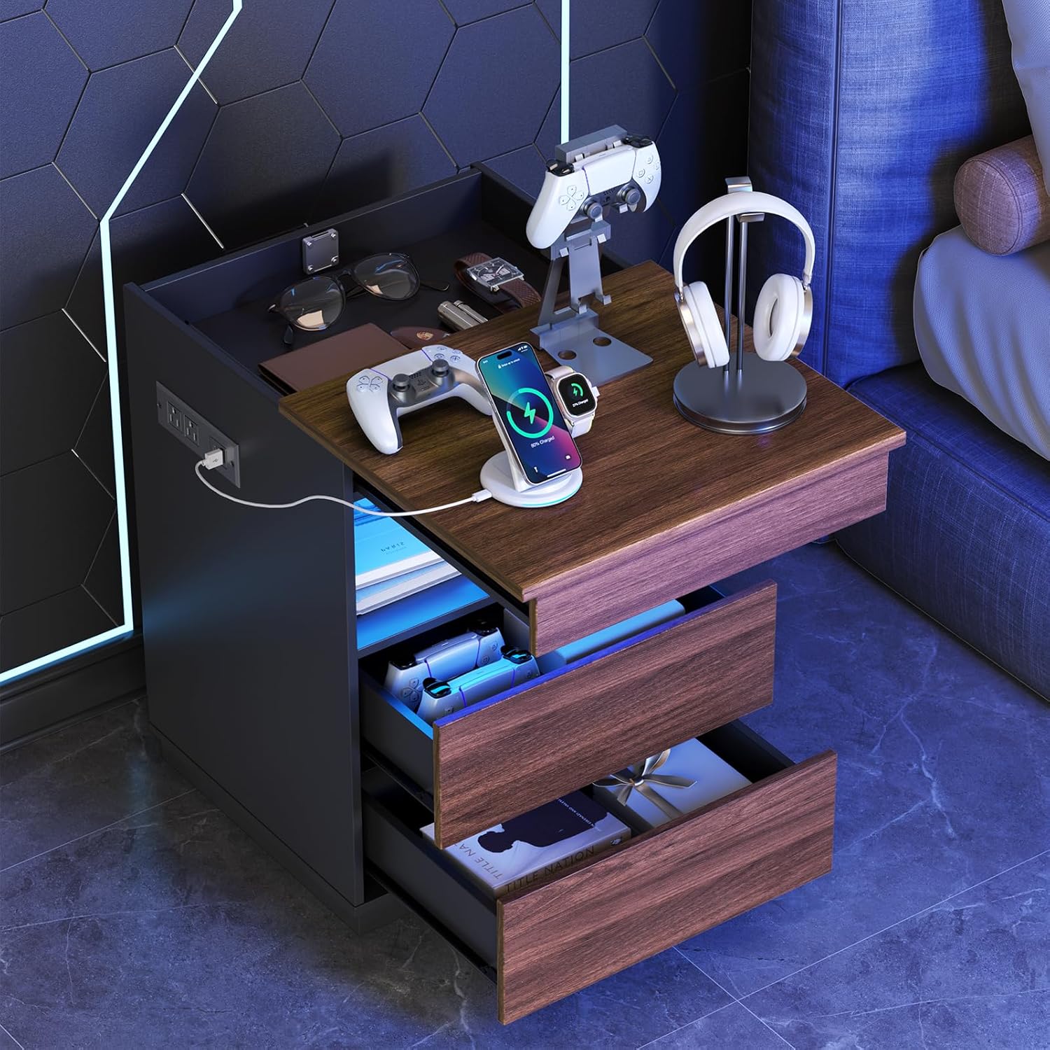 Nightstand with Hidden Compartment & USB/Type-C Charging Station - Locking Night Stand with Gun Drawer, LED Lights, Modern Bedside Table for Bedroom, Secure Hidden Storage, Black&Brown