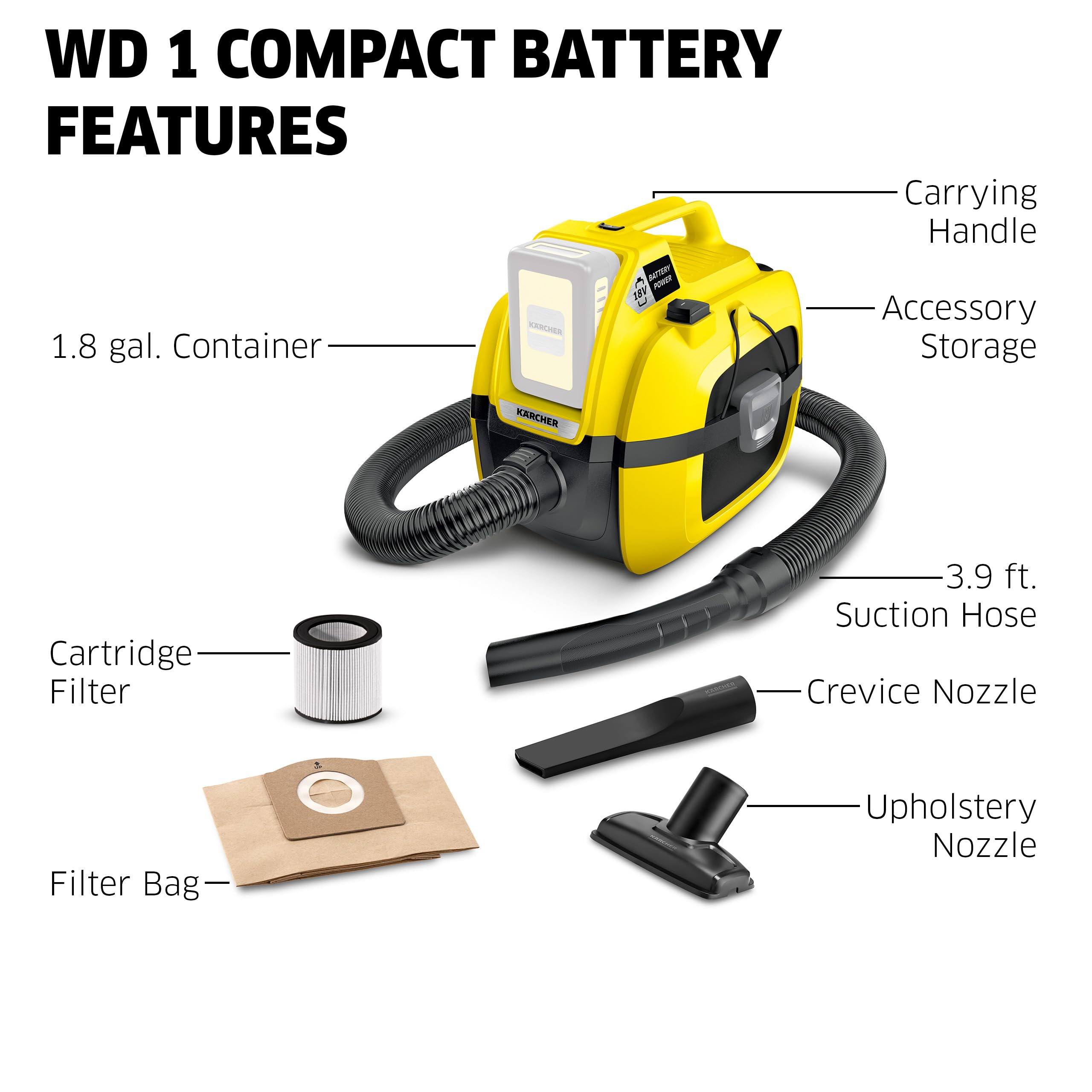 Karcher WD Compact, Cordless Wet Dry Vac with Blower Function, Gal  Comse with 18 V Fast Charger and Ah Battery with LCD Display