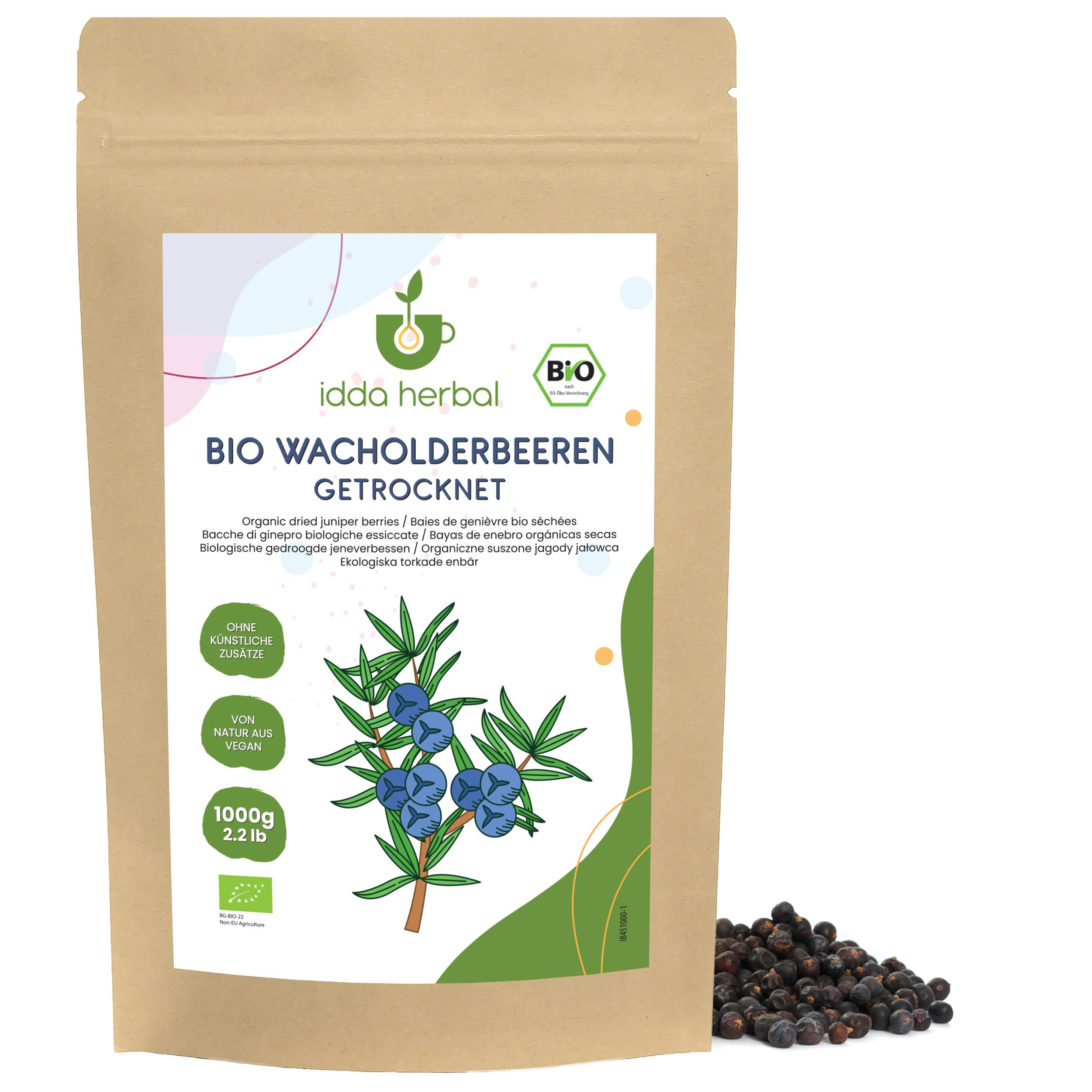 IDDA Herbal Bacche di Ginepro BIO Essiccate 1kg, Ginepro Bacche Bio senza Zuccheri, Frutta Secca