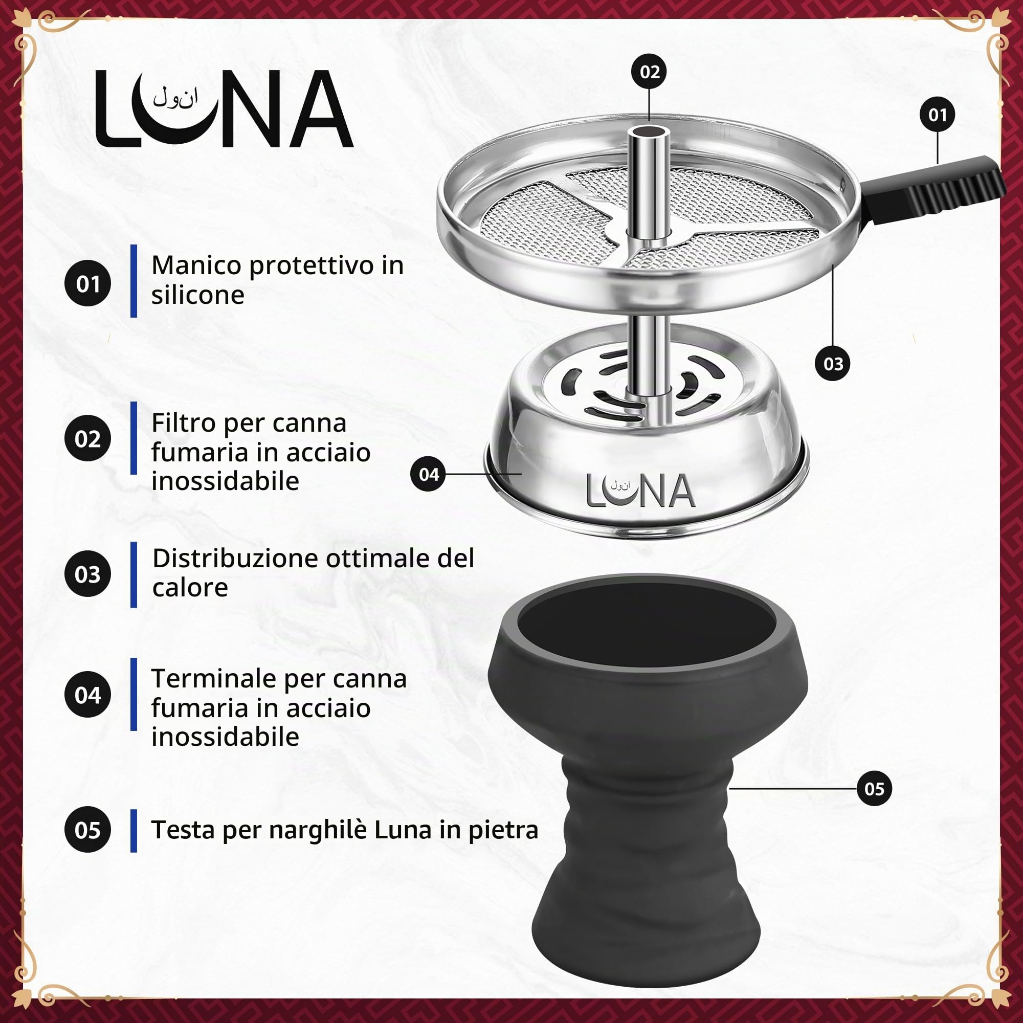 Luna Tradi Hookah - Set completo per narghilè, in metallo di alta qualità, con ciotola in vetro, testa in pietra, tubo in similpelle con bocchino, pinza, forchetta, blu