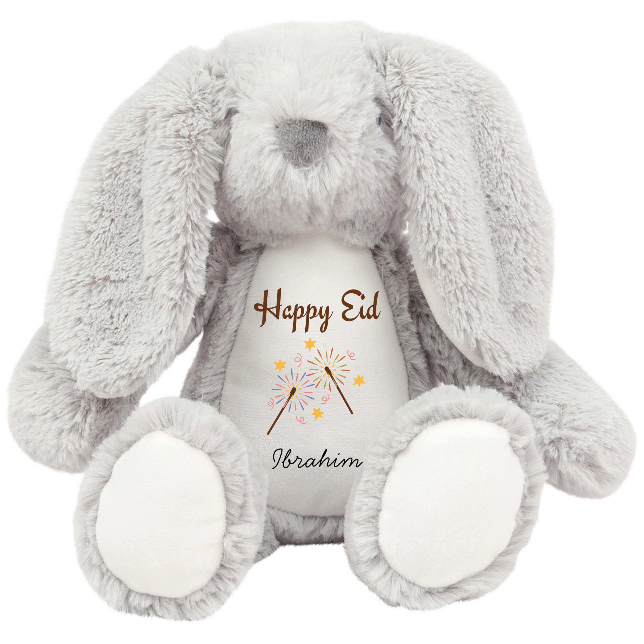HotScamp Eid Gift Cuddly Toy - Personalised Happy Eid Mubarak Firework Customised Teddy Kids Plush Named Ramadan My First Muslim Islamic Baby Child Soft Plushie - Grey Bunny