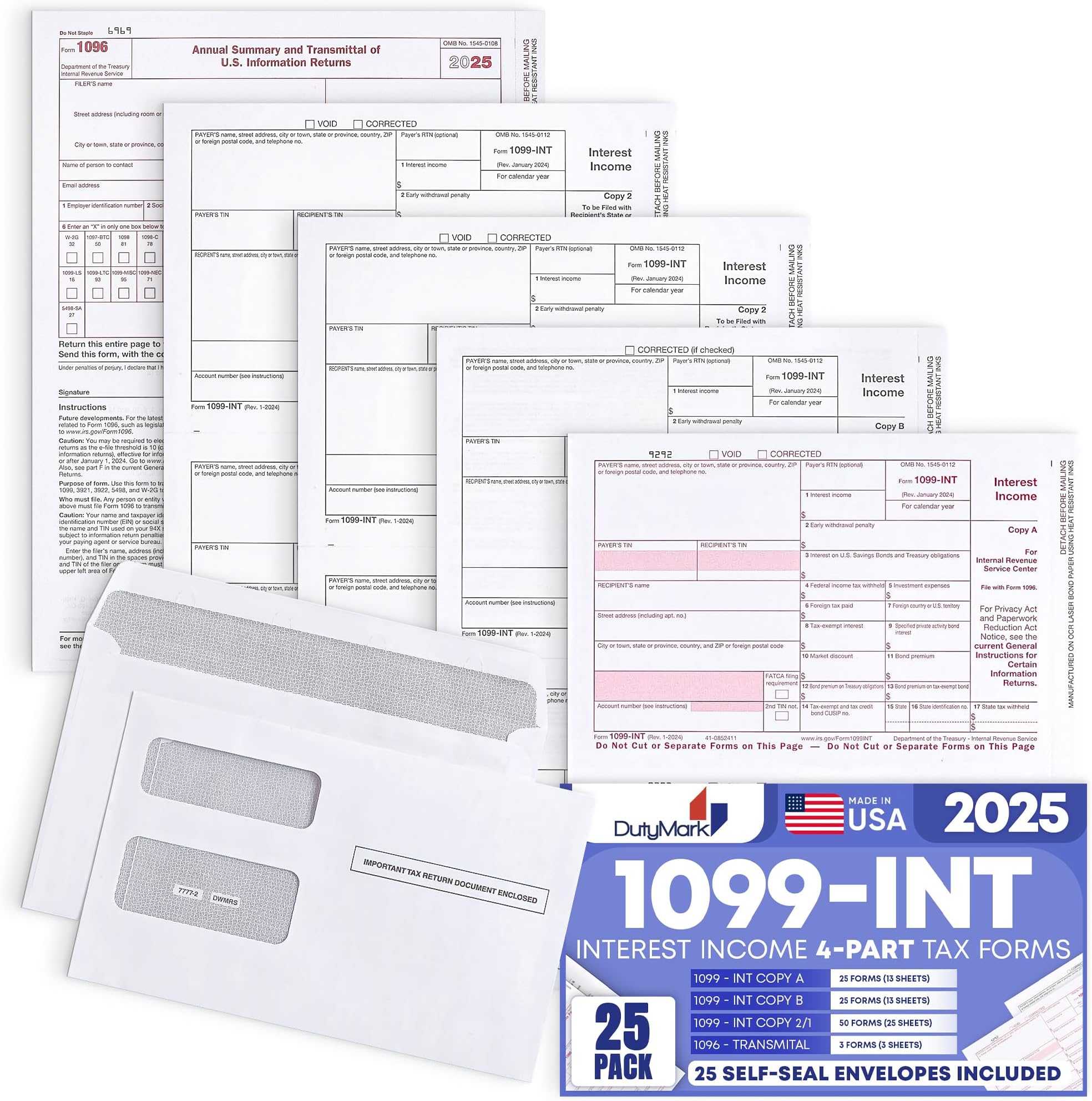 1099 INT Interest Tax Forms 2025 4 Part, 25 Pack of Interest Income Laser Forms Compatible with QuickBooks and Accounting Software, 25 Self Seal Envelopes Included