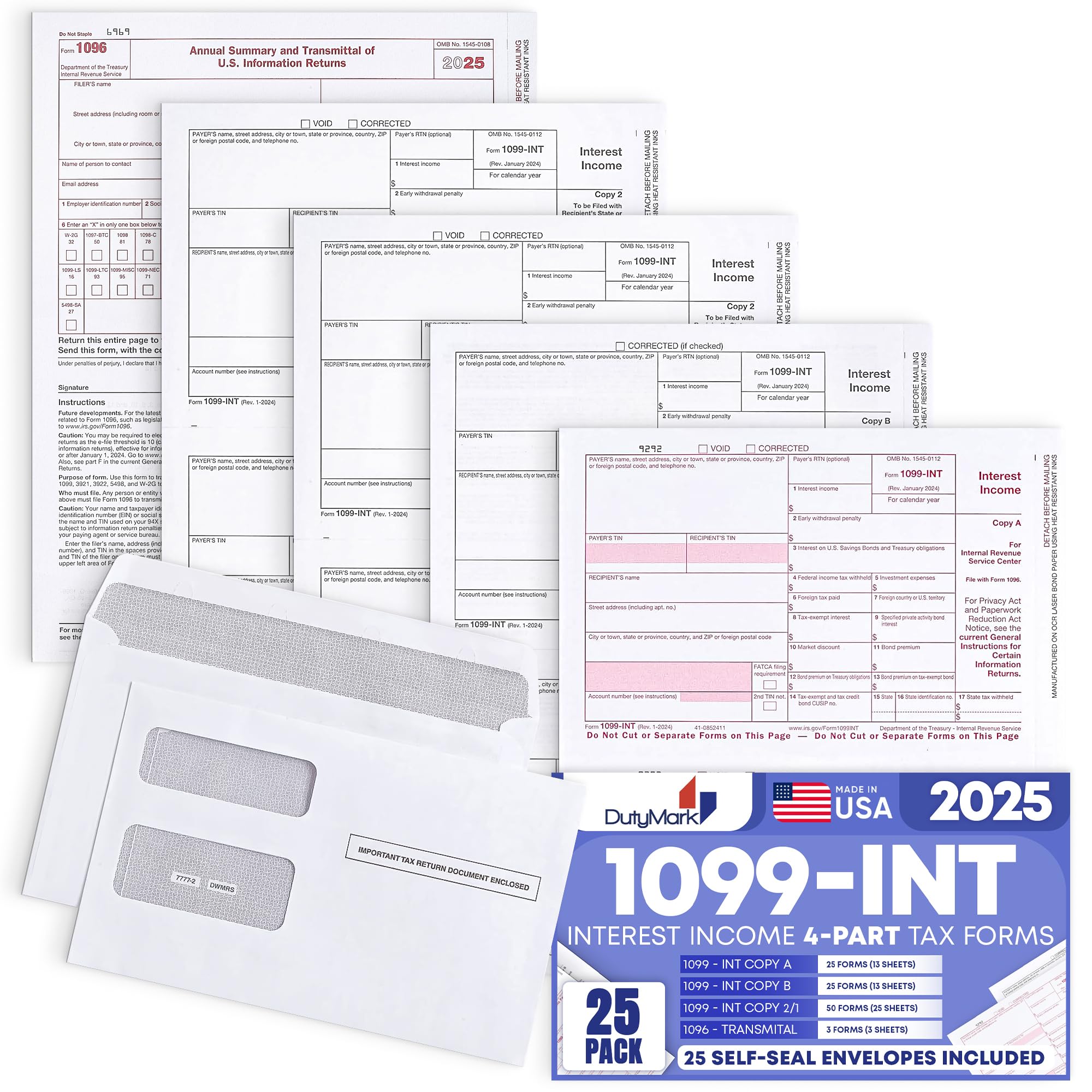 1099 INT Interest Tax Forms 2025 4 Part, 25 Pack of Interest Income Laser Forms Compatible with QuickBooks and Accounting Software, 25 Self Seal Envelopes Included