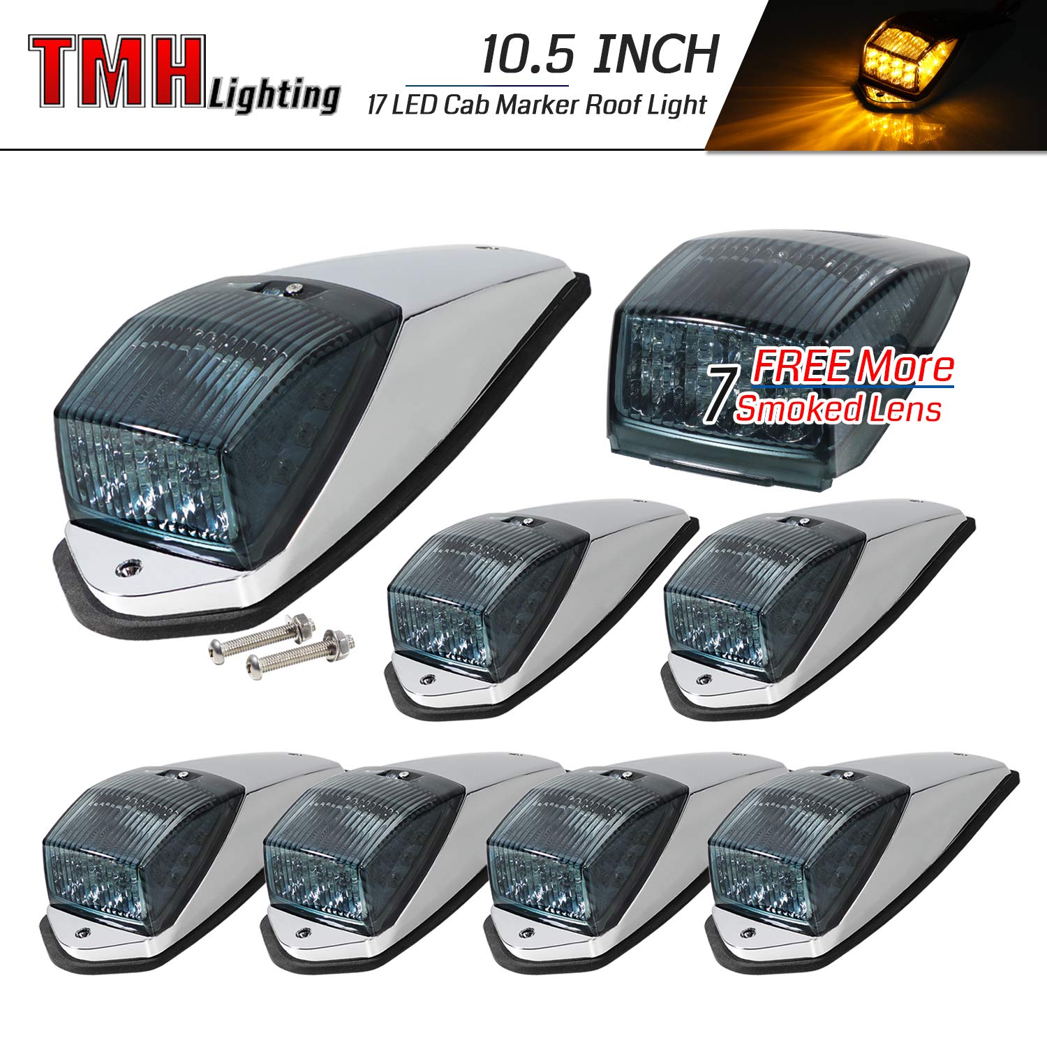TMH 10.5 Inch 7 Pcs Smoked Lens Amber 17 LED Clearance Lamp Cab Marker Top Roof Lights with Chrome H