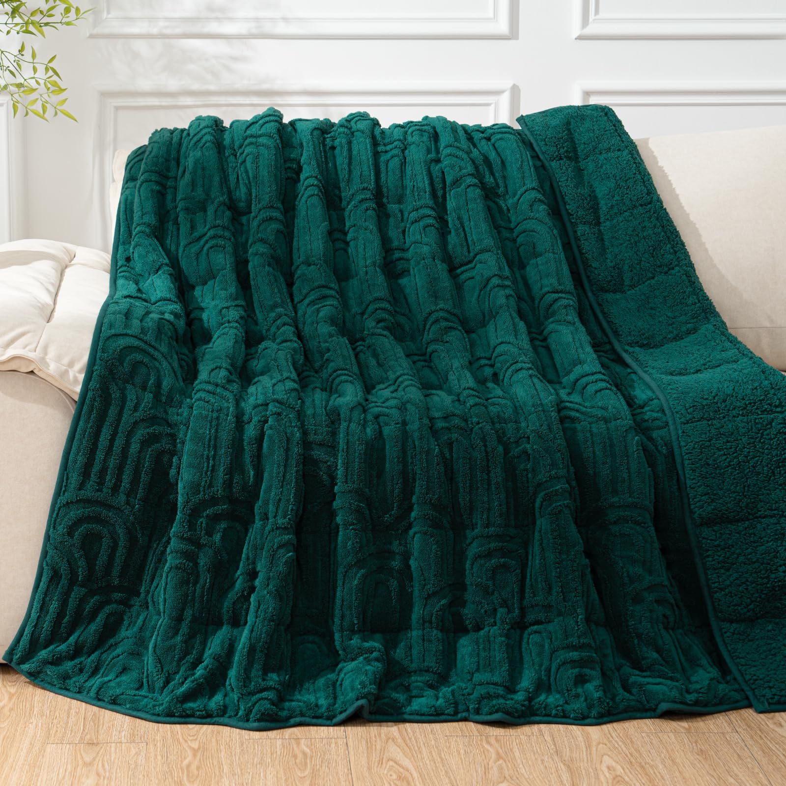 Cottonblue Jacquard Weighted Blanket for Adults 15 lbs Queen Size, Cozy Fluffy Sherpa Fleece Weighted Throw Blankets 60" x 80" for Sleep Relax, Fuzzy Warm Arch Heavy Blanket Soft for Bed Couch, Green