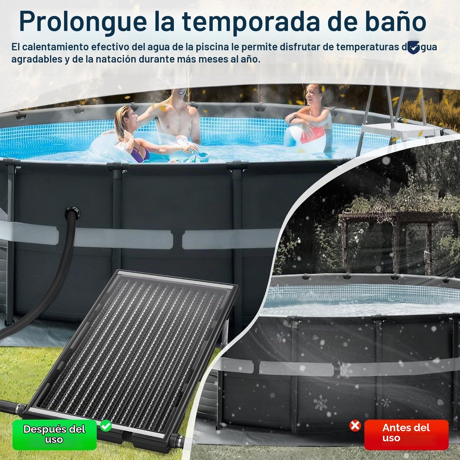 UISEBRT Solar Pool Heater 1er Set, plástico resistente a los rayos UV con placa de protección contra el polvo y las hojas, 111,5 x 66 x 6,5 cm, patas de aluminio, colector solar para piscina de jardín