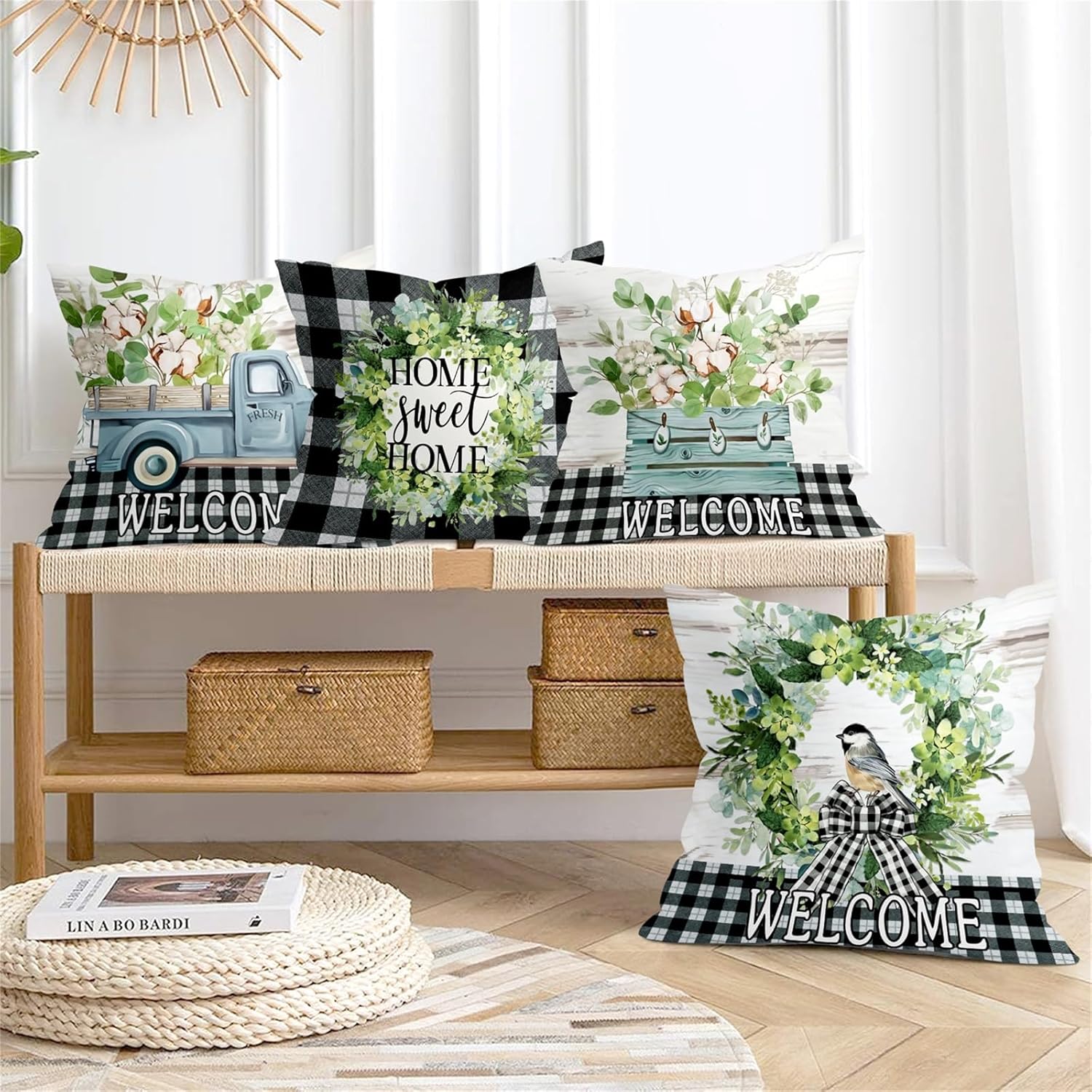 Spring Summer Green Eucalyptus Leaves Throw Pillow Covers 18x18 Inch Set of 4 Truck Black White Buffalo Plaid Farmhouse Cushion Covers Home Decor for Couch Cushion - Image 2