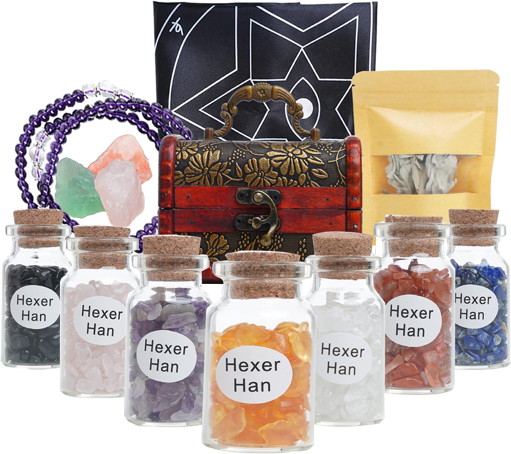 HEXER HAN Chakra Healing Crystals Stone Set, Witchcraft Supplies Kit- 7 Mini Witch Bottle Reiki Gemstone Chip,3 Raw Healing Stones,Chakra Balance Bracelet,Altar Cloth,Sage for Meditation Wicca