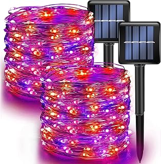 Dazzle Bright 2 Pack Purple and Orange Fairy String Lights, 39.4FT 120 LED Solar Powered Fairy Lights with 8 Modes, Waterproof Copper Black Wire Lights for Outdoor Yard Party Halloween Decorations