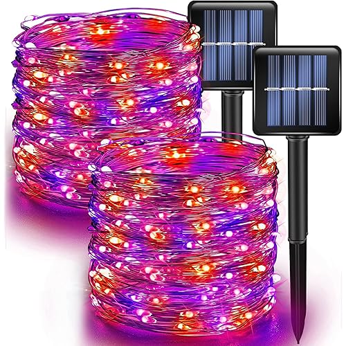 Dazzle Bright 2 Pack Purple and Orange Fairy String Lights, 39.4FT 120 LED Solar Powered Fairy Lights with 8 Modes, Waterproof Copper Black Wire Lights for Outdoor Yard Party Halloween Decorations