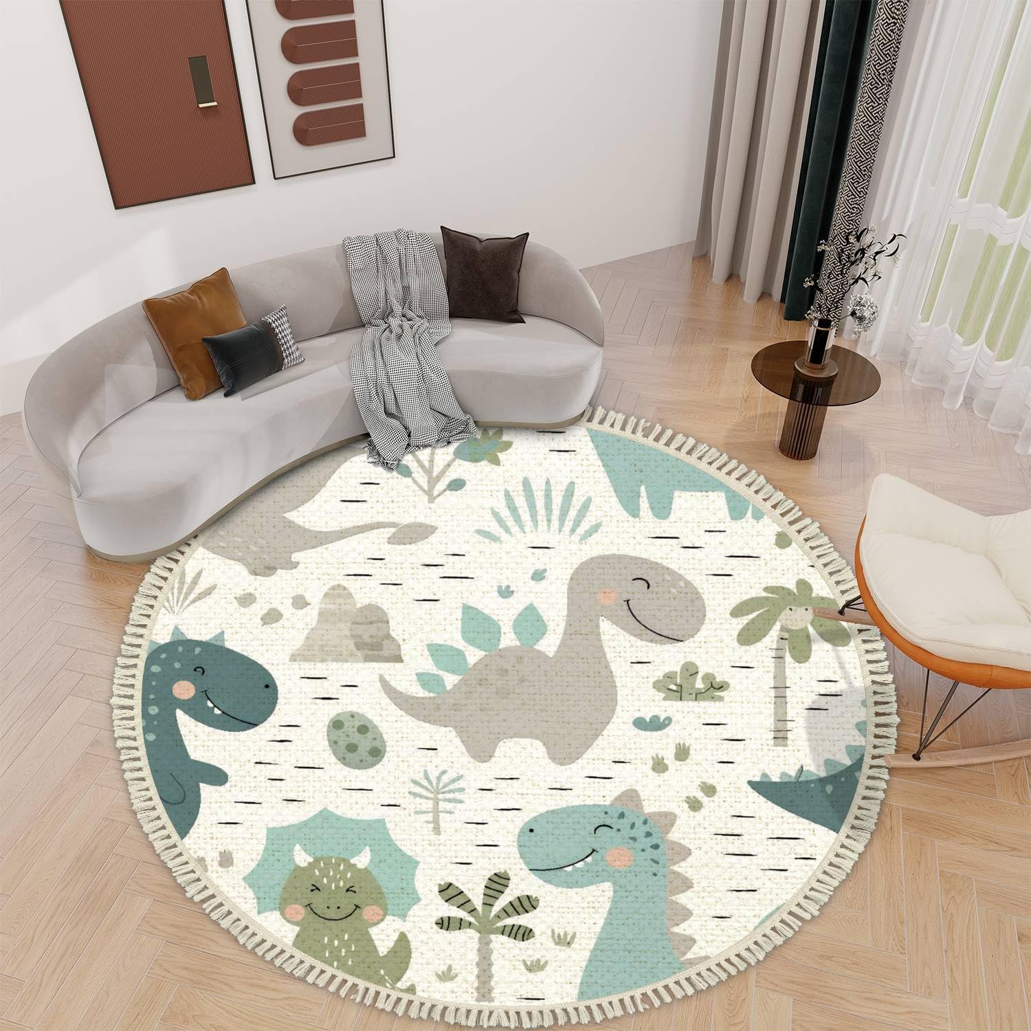 Round Rugs Dinosaur Baby boy Childish Sweet Dino with Palm and Cactus Boho Area Rug Linen and Cotton Carpet Meditation Rug Washable Hallway Runner Mat Accent Rug for Bedroom Bathroom 6ft