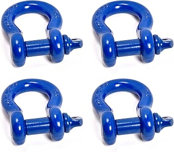 Hi-Gear Pack of 4 Blue Bow Shackles 3/4" D Ring Shackle Rugged Unbreakable 28.5 Ton 57,000 Lbs Maximum Break Strength with 7/8 Pin Bow Screw Heavy Duty D Ring for 4x4 Vehicle Recovery