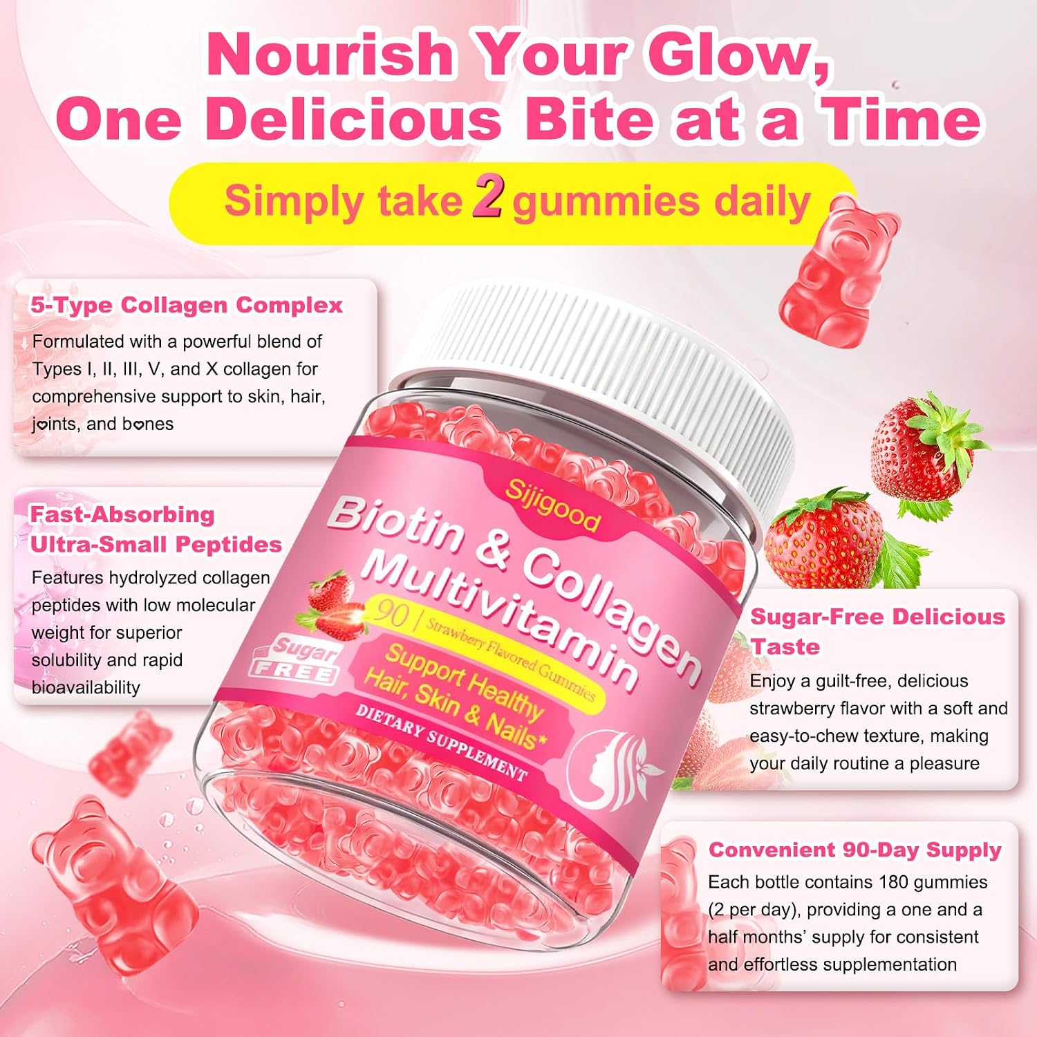 180 Count | Collagen Peptides Gummies for Women Men, Collagen Gummies with Multi Hydrolyzed Protein Type I,II,III,V,X, Biotin, Vitamin C B12 D A E for Skin Hair Nails, Bone, Sugar Free