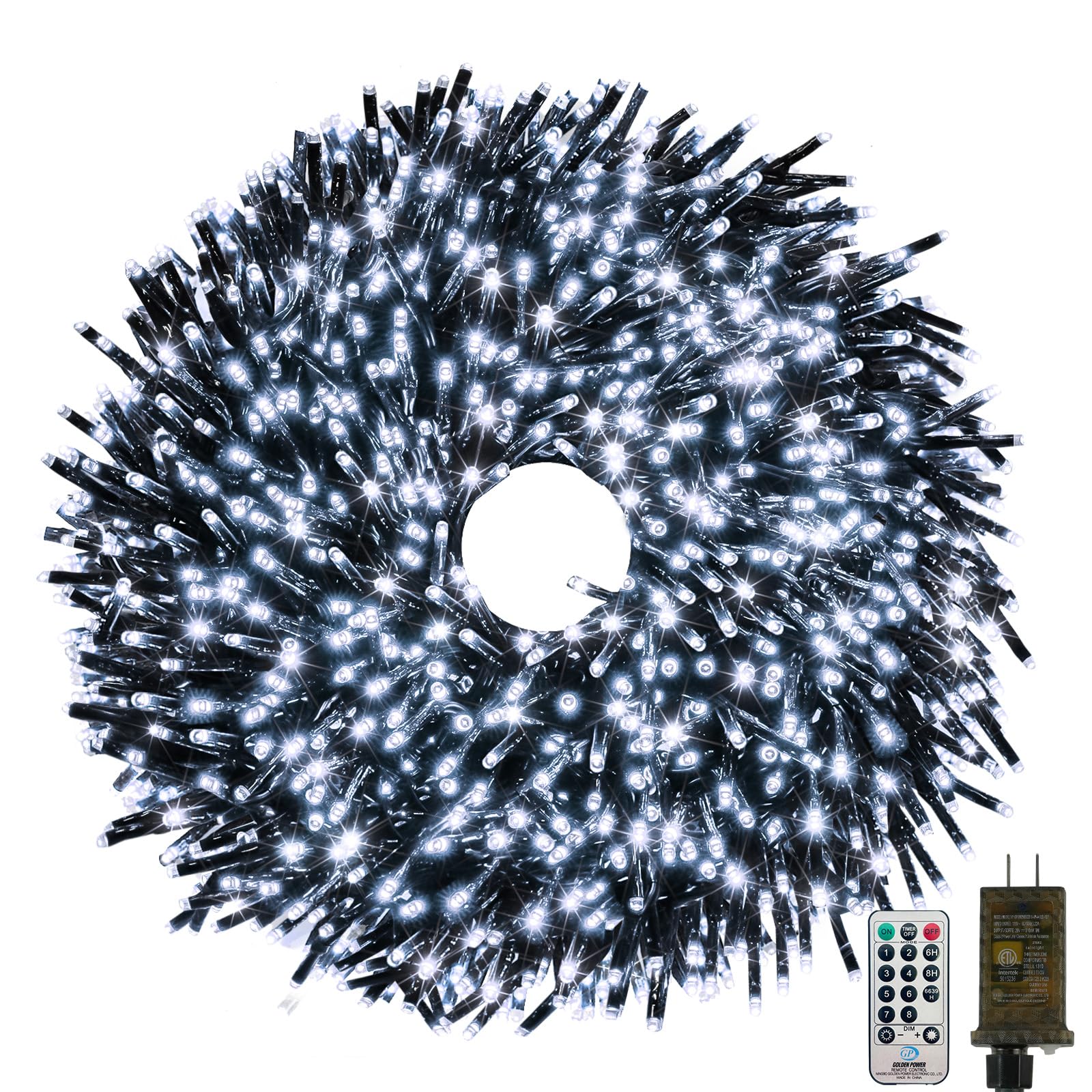 Guirnalda de luces LED de Navidad de 100 pies, 2000 luces LED de petardo con control remoto, 8 modos y temporizador, luz parpadeante impermeable para interiores y exteriores, fiesta, patio, decoración