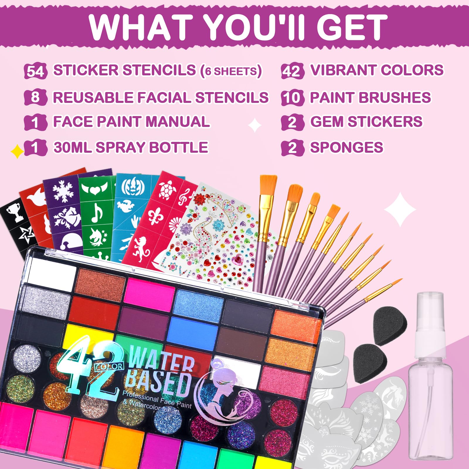 Kit Maquillage Visage et Corps 42 Couleurs, Peinture à l’Eau avec Pinceaux et Accessoires, Body Painting pour Cosplay, Théâtre, Carnaval, Halloween, +14 ans