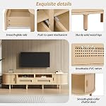 Rattan TV Stand for TVs Up to 70 Inches, Modern Dark Oak Entertainment Center with Sliding Doors and Drawers, Mid Century Media Console Cabinet with Adjustable Solid Wood Legs, Natural