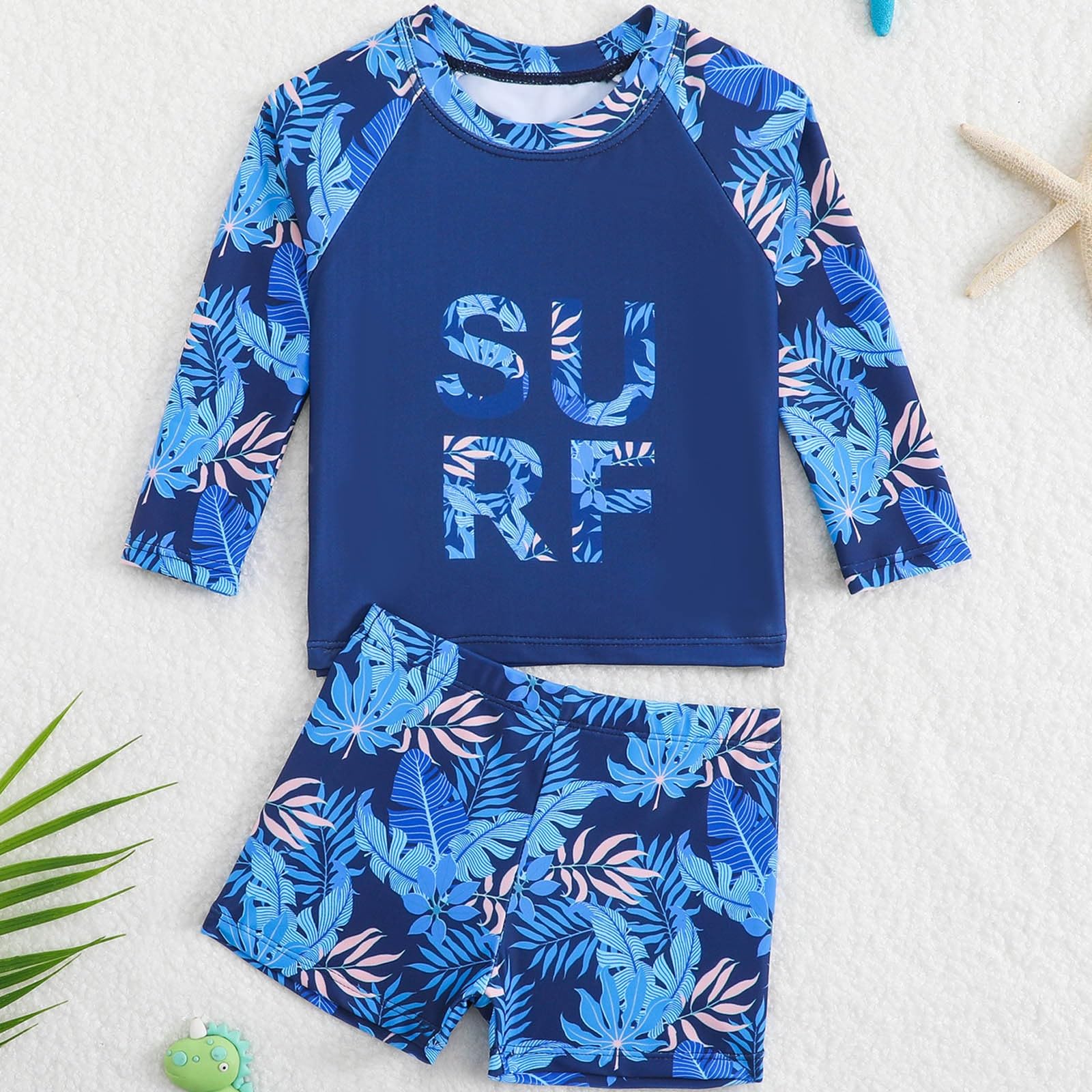 Generisch Bañador de playa para niños con mangas largas y bañador con protección solar UPF 50+, traje de baño de dos piezas con estampado de letras de hoja de arce