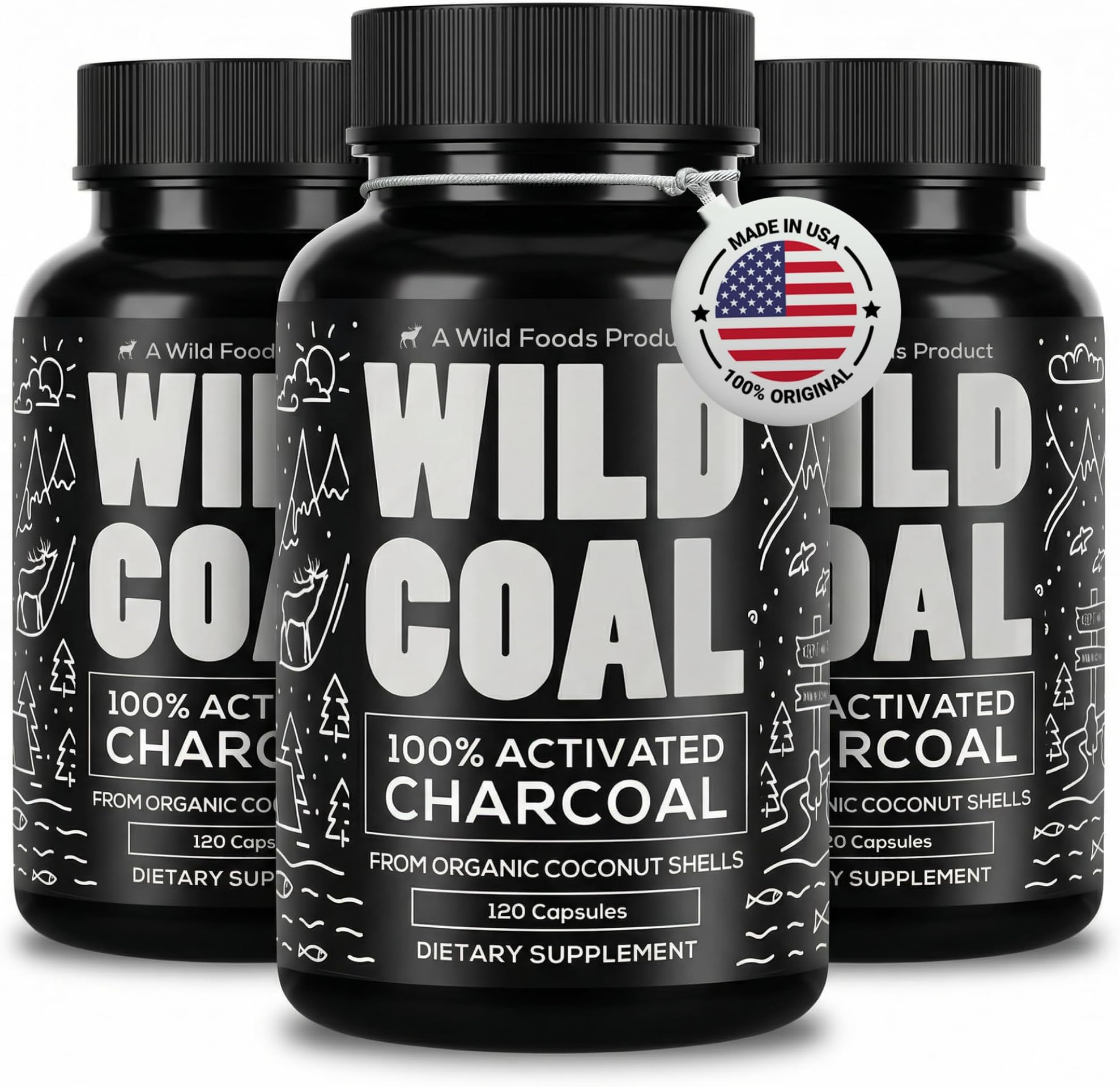 Wild Foods Activated Charcoal Capsules | 100% Organic Coconut Shells Active Tablets | Lab Tested & Non-GMO Detox Pills | USA (Three Bottles - 120 Capsules)