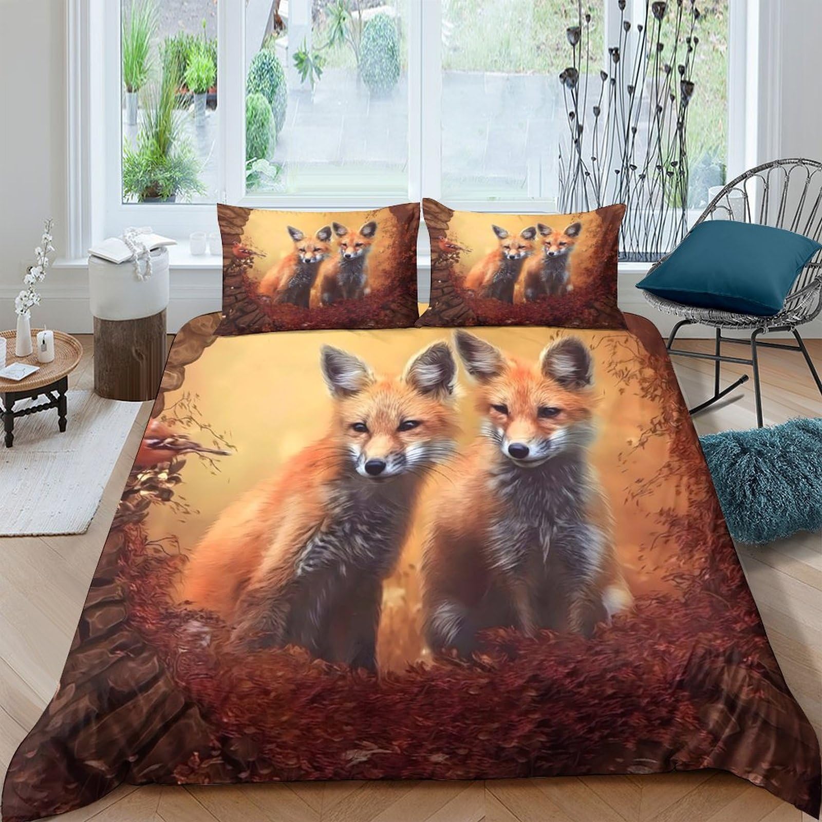 TUFRTGYHN 3D Printed Fox Forest Duvet Cover Set Microfiber Soft Breathable Woodland Animal Bedding Set with 2 Pillowcases for Bedroom Decor Single（135x200cm）
