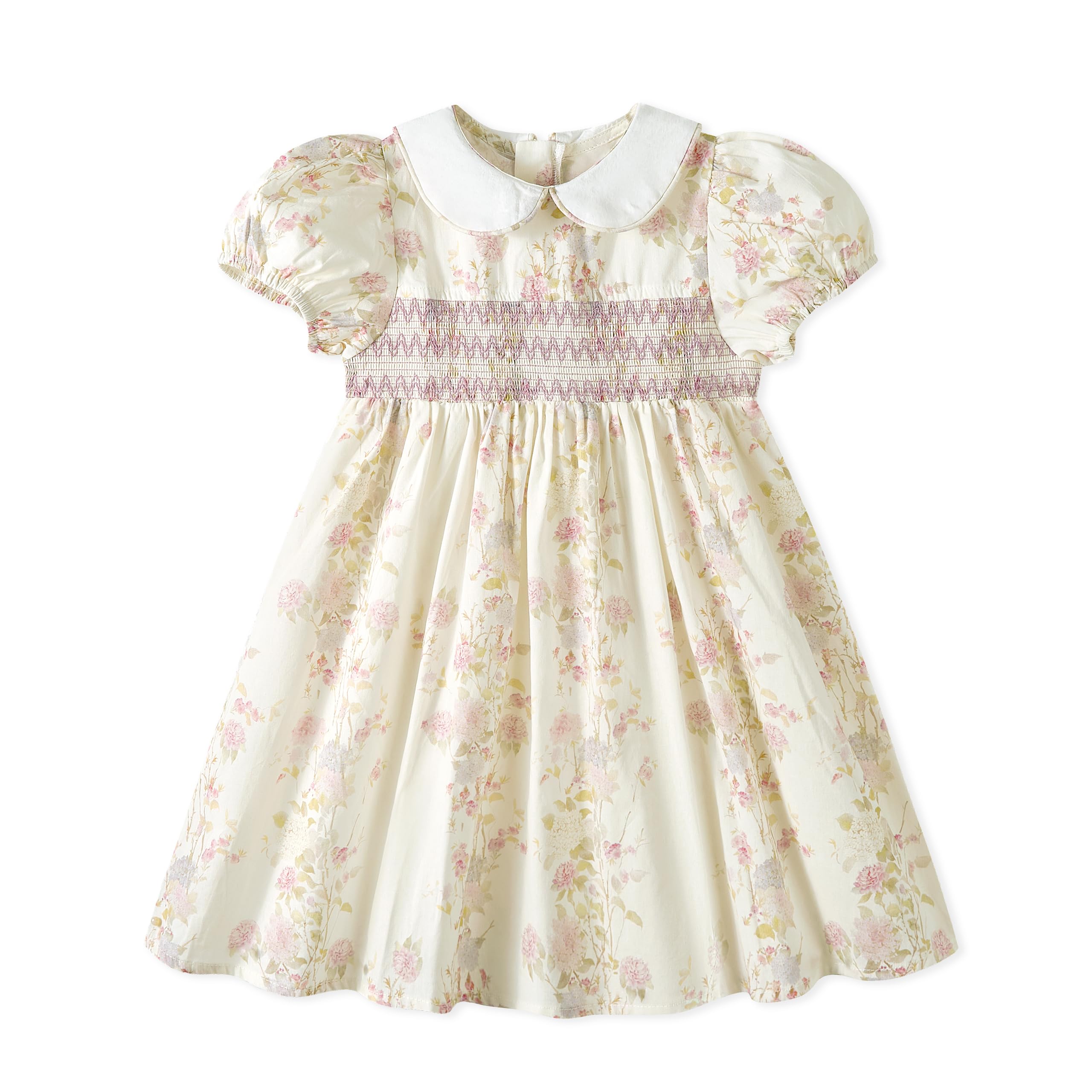 Miipat Kleider für Kleinkind Mädchen Blumenmuster Gerafftes Baumwolle Kleine Mädchen Sommerkleid Vintage Puffärmel Peter Pan Kragen Elegant Freizeitkleid für Kinder