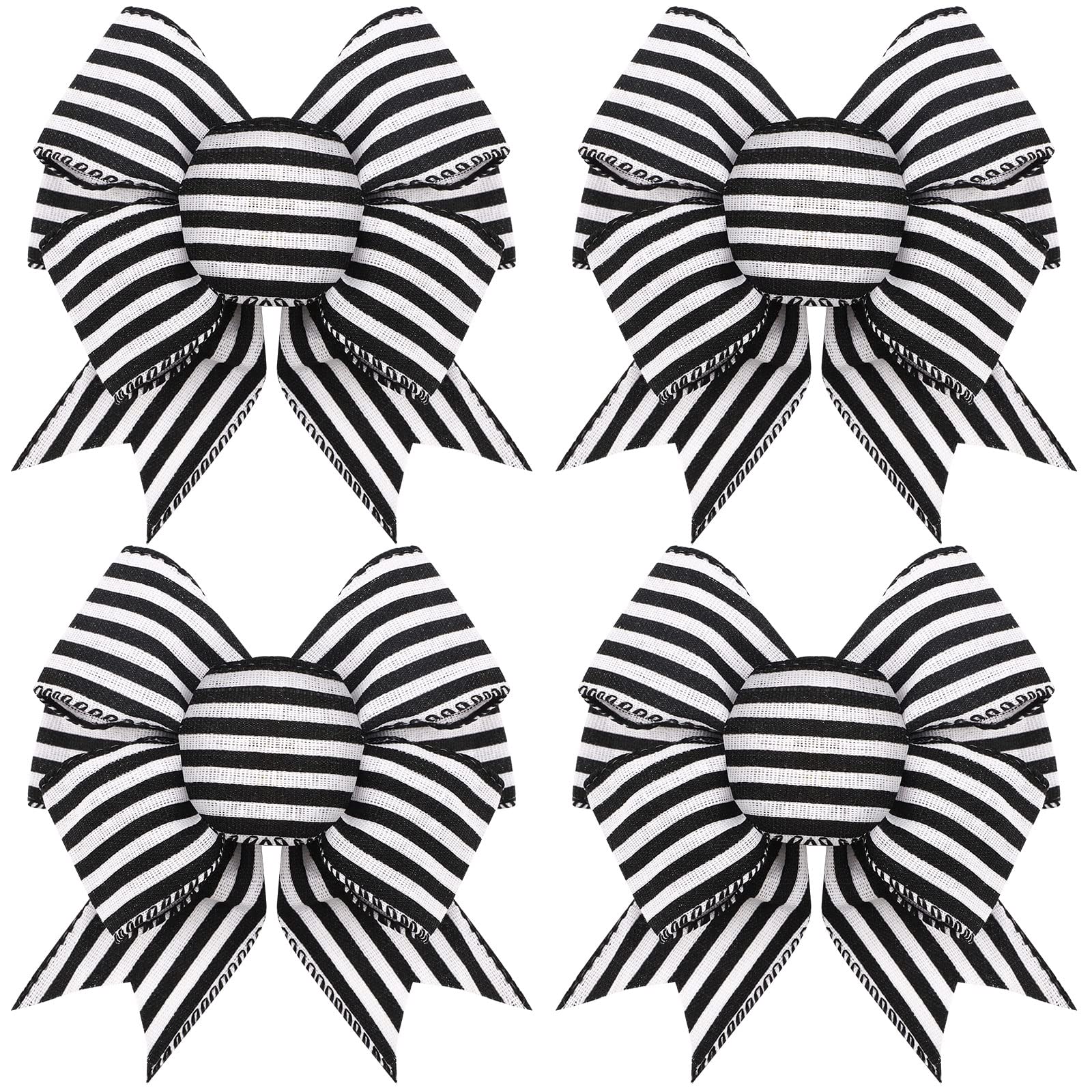 Geosar 4 Pcs Black and White Burlap Bows for Christmas Tree 6 Inch Premade Christmas Bows for Wreaths Gothic Xmas Decoration for Crafts Gift Wrapping Halloween Party Supplies Wall Front Door Decor