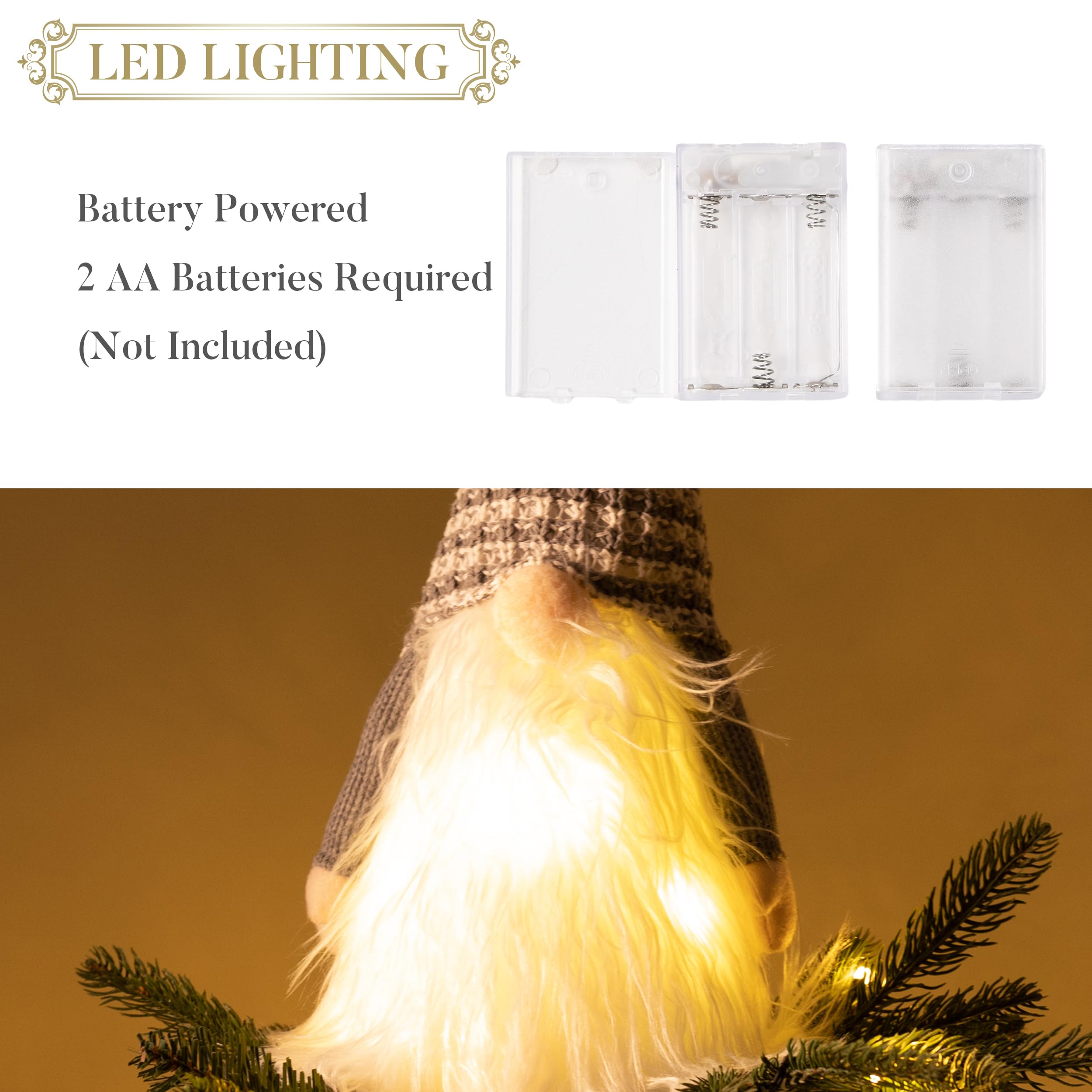 Valery Madelyn Décoration de sommet de sapin de Noël, nain nodique avec étoile grise et blanche de 41,9 cm, avec 3 lumières LED chaudes, boîte à piles minuteur (piles non incluses), parfait pour un