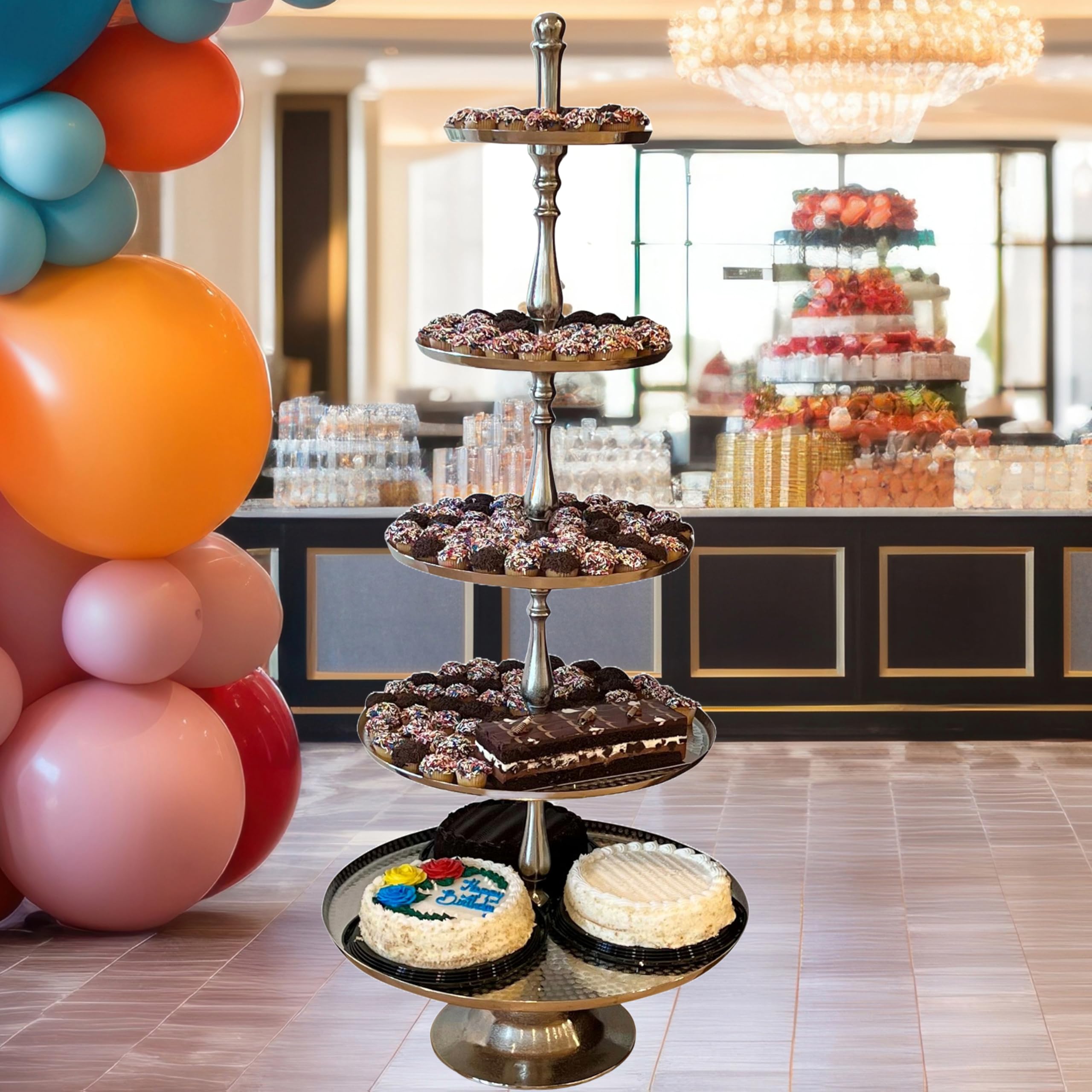 Old World Grand Hotel 5 Tier Stand Decorative, Polished Silver Aluminum,  Etched and Polished Artisan Finish, Luxurious Style, Pedestal Base, Over 5  Ft, 61.75 Inches : Amazon.com.au: Clothing, Shoes & Accessories