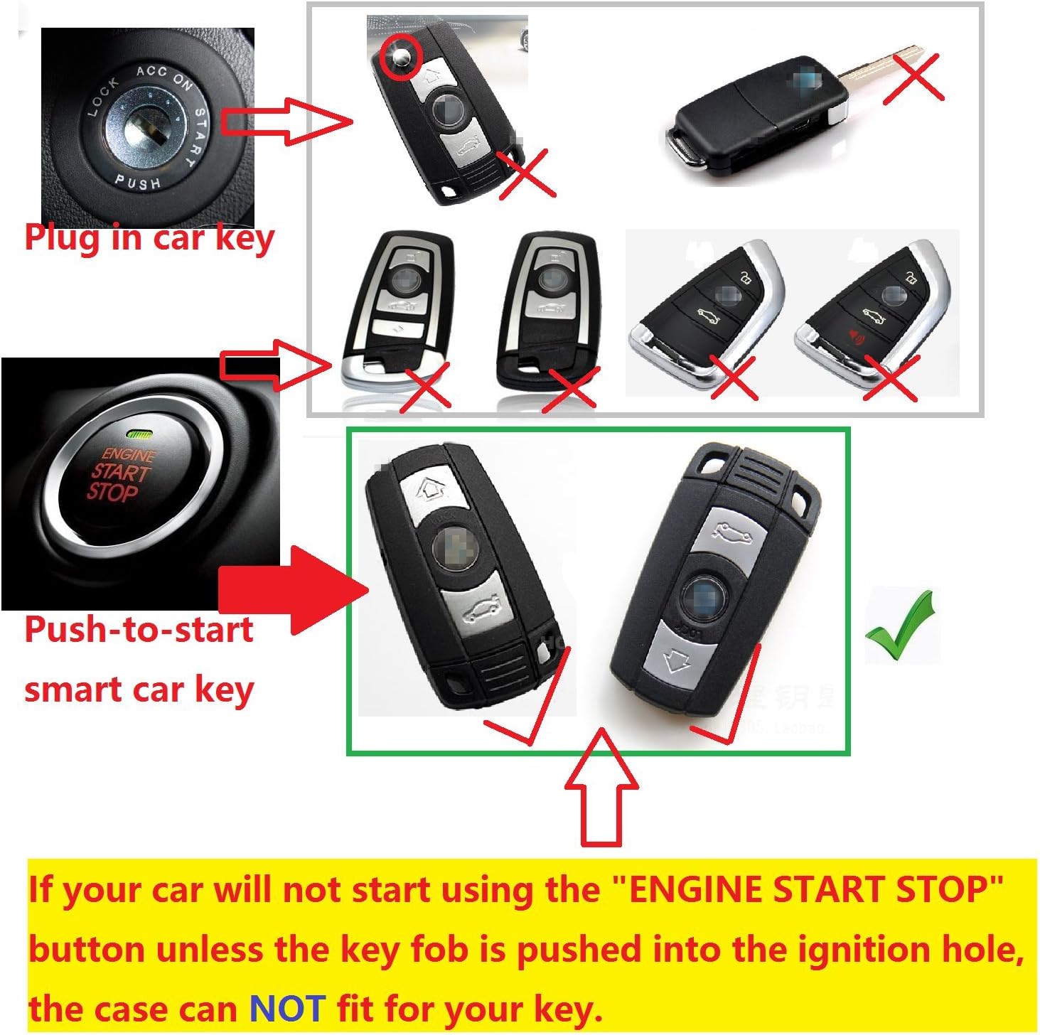 Men Women Genuine Leather Key Fob Cover for BMW 3 Series 5 Series 6 Series M3 M5 X1 X5 X6 Z4, Car Remote Key Case with Keychain - Black