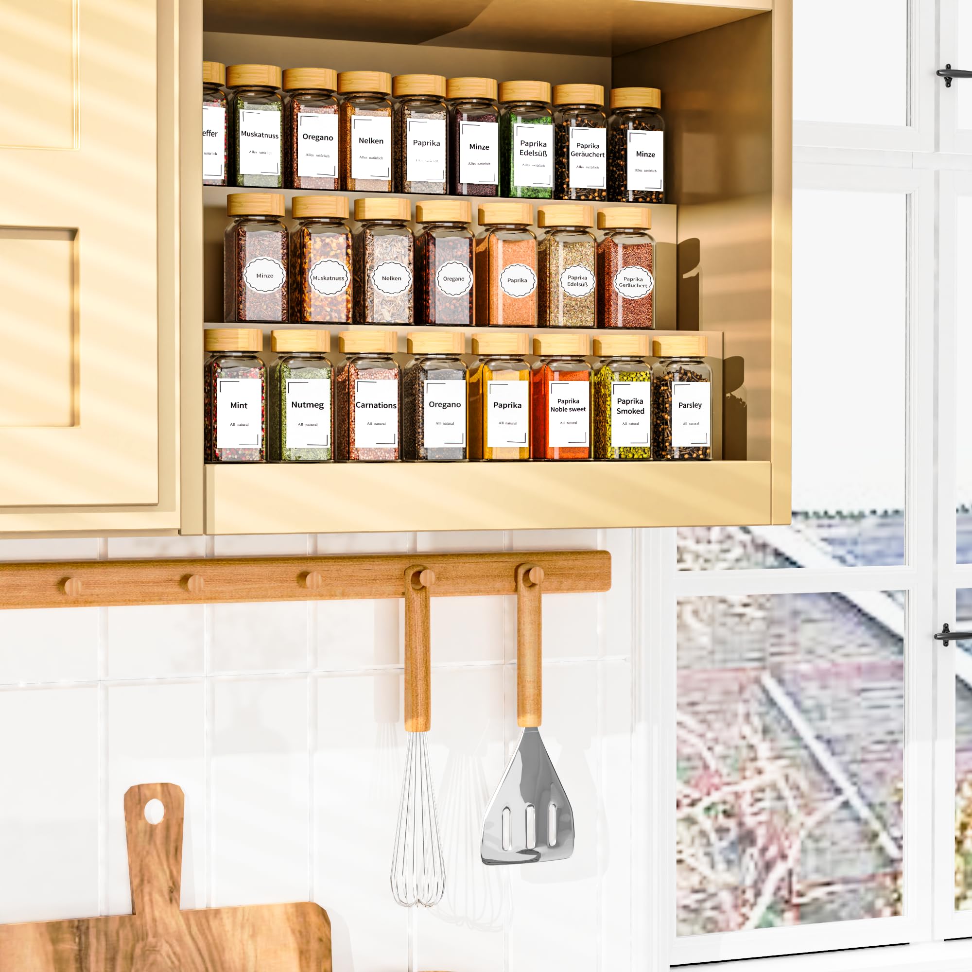 Lot de 24 pots à épices carrés avec couvercle, 120 ml avec 340 étiquettes, pots à épices avec entonnoir avec saupoudrer, autocollants vides, tamis (24) (24 bamboo)