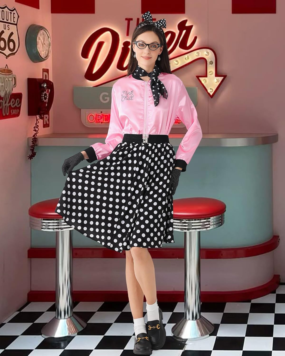 1950s Polka Dot Pink Satin Jacket Set with Accessories Vintage-Inspired 50s Style Skirt Halloween Cosplay - Image 4