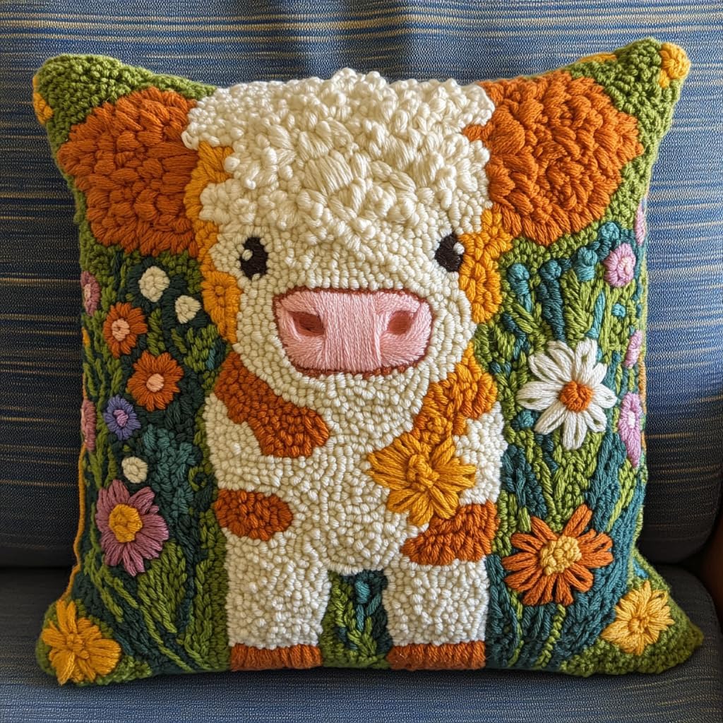 DIY Punch Needle Pillow Kit Cute Highland Cow and Wild Flowers with Pattern and Hoop Handmade Embroidery Punch Needle Starter Pillowcase Set for Home Sofa Decor 43x43cm-1-14