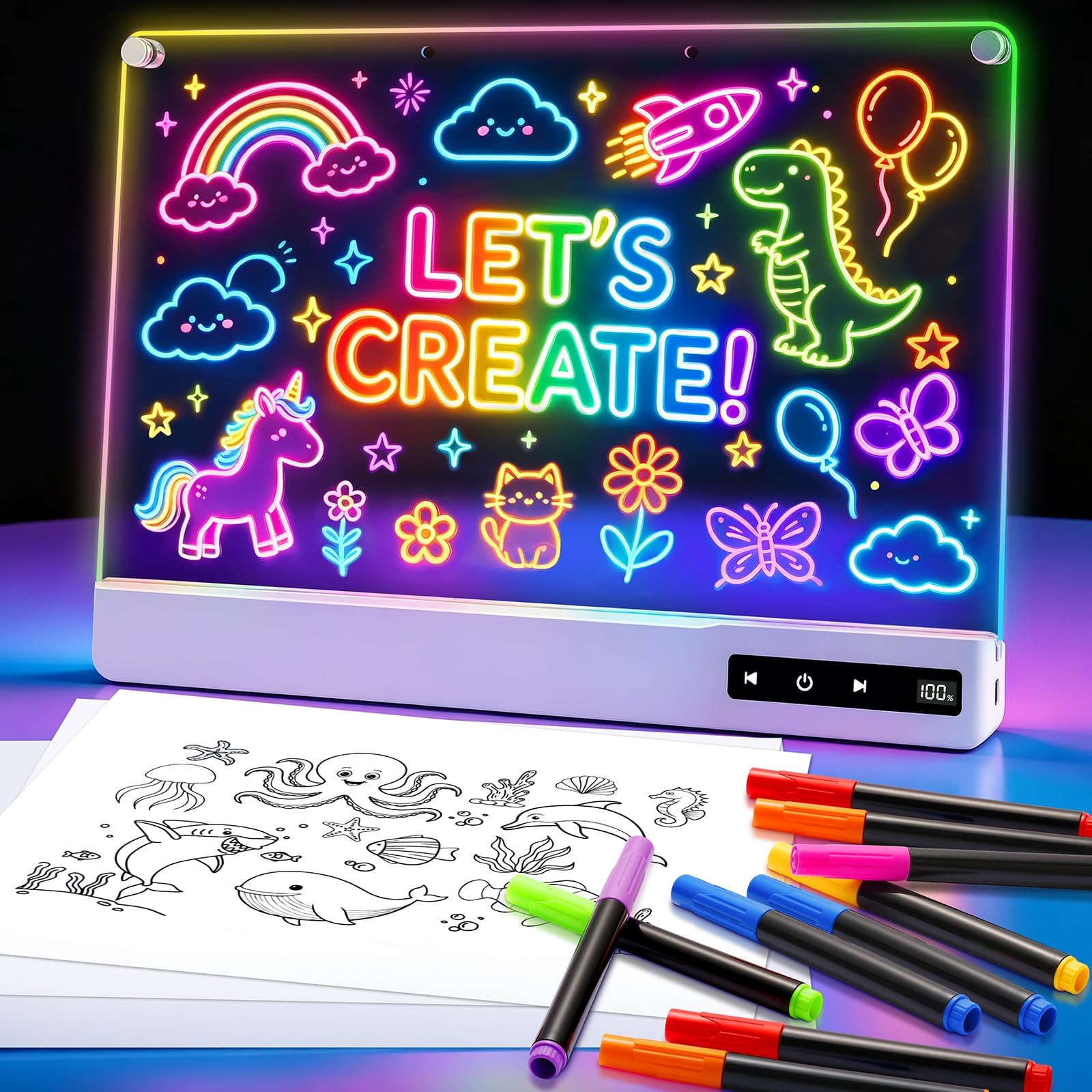 LED Neon Drawing Board for Children, Reusable 16-Inch Light Up Sketch Pad
