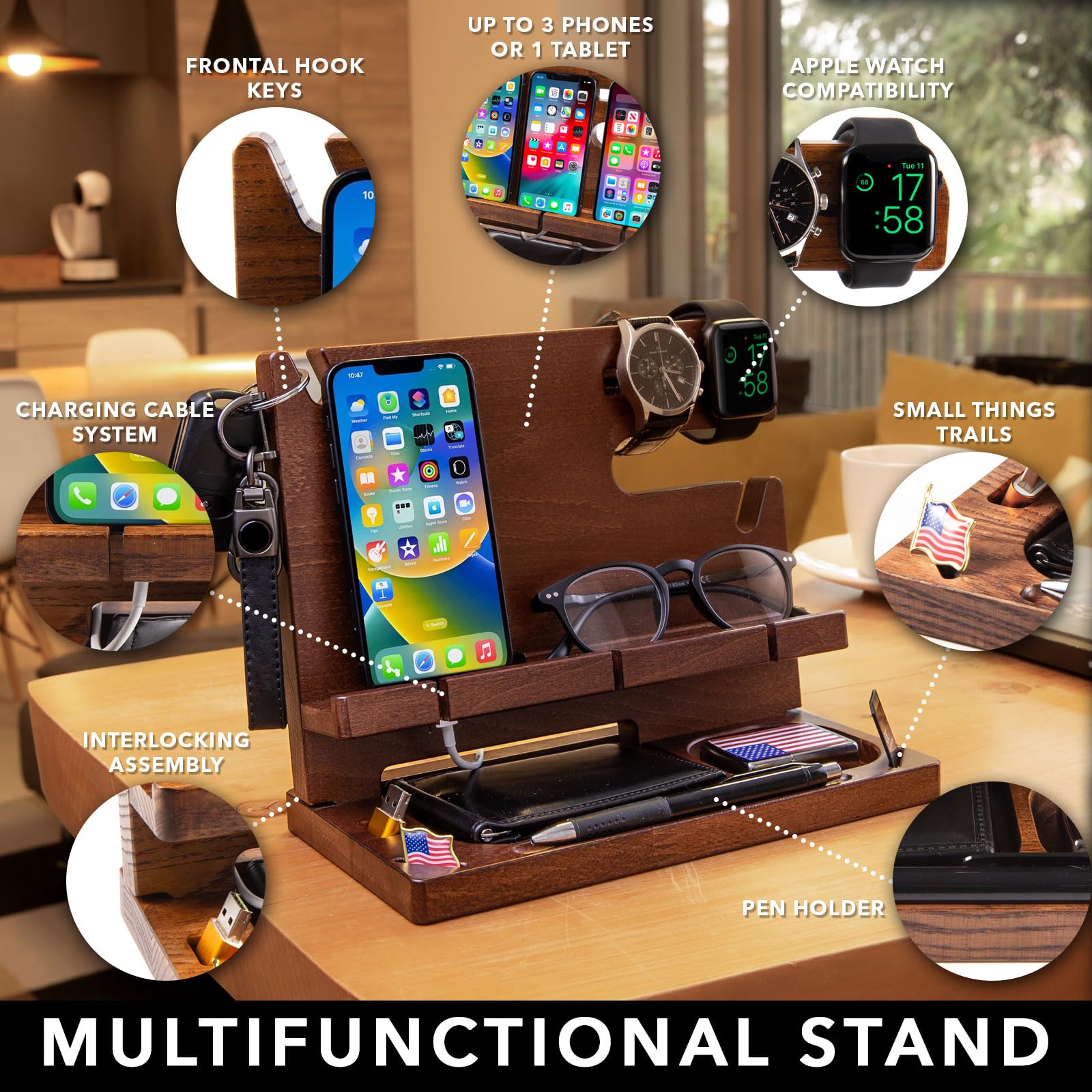 Greta Oto Station de Charge en Bois pour Téléphone Personnalisé, Tablette, Montre, Portefeuille, Organisateur Support Rangement Bureau, Table de Nuit, Cadeaux Hommes (Beige)