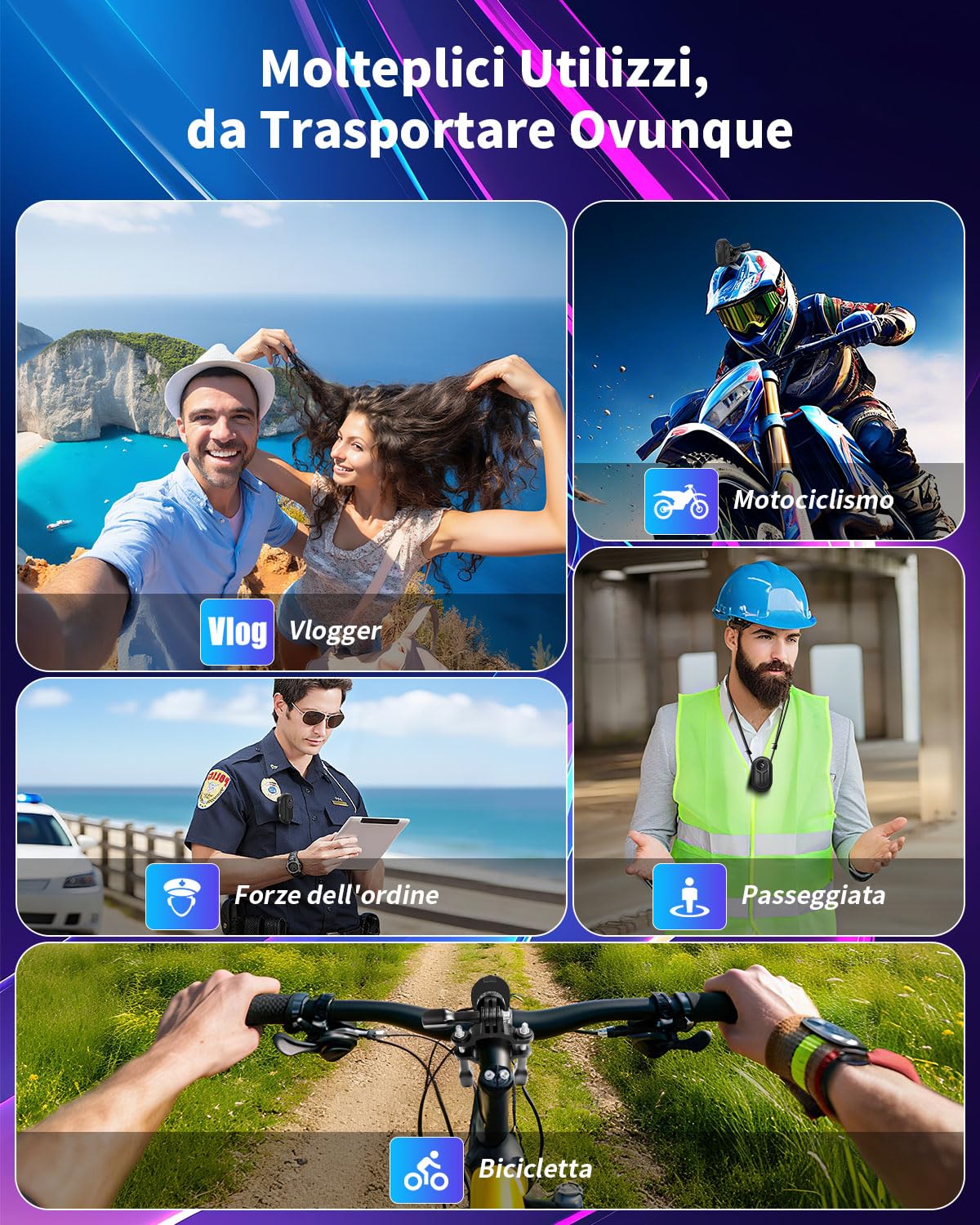 Mini Action Cam, 120° Body Cam Action Camera Telecamera Moto Videocamera Sportiva con Schermo, 1080P HD POV Fotocamera Magnetica con Visione Notturna per Casco Moto Bici Pollici Vlog