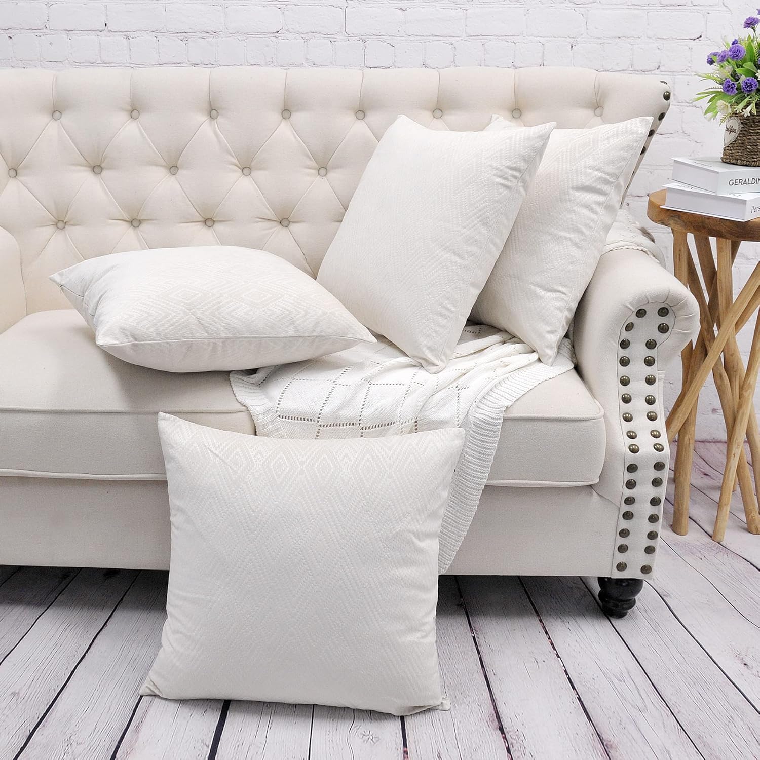 Diamond Velvet Decorative Square Throw Pillow Covers 20 x 20 Inches Set of 4, Soft Geometric Cushion Cases Pillowcases Pillowslips for Couch Bed Sofa Car Bedroom Living Room, Cream White