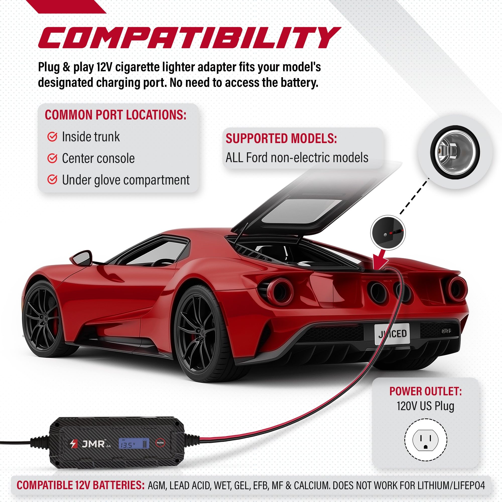 JMR Battery Charger for Ford GT F-150 F-450 F-350 F-250 Bronco Expedition Shelby Explorer Transit Excursion All Models Trickle Charger Conditioner Maintainer (No Lithium Mode)