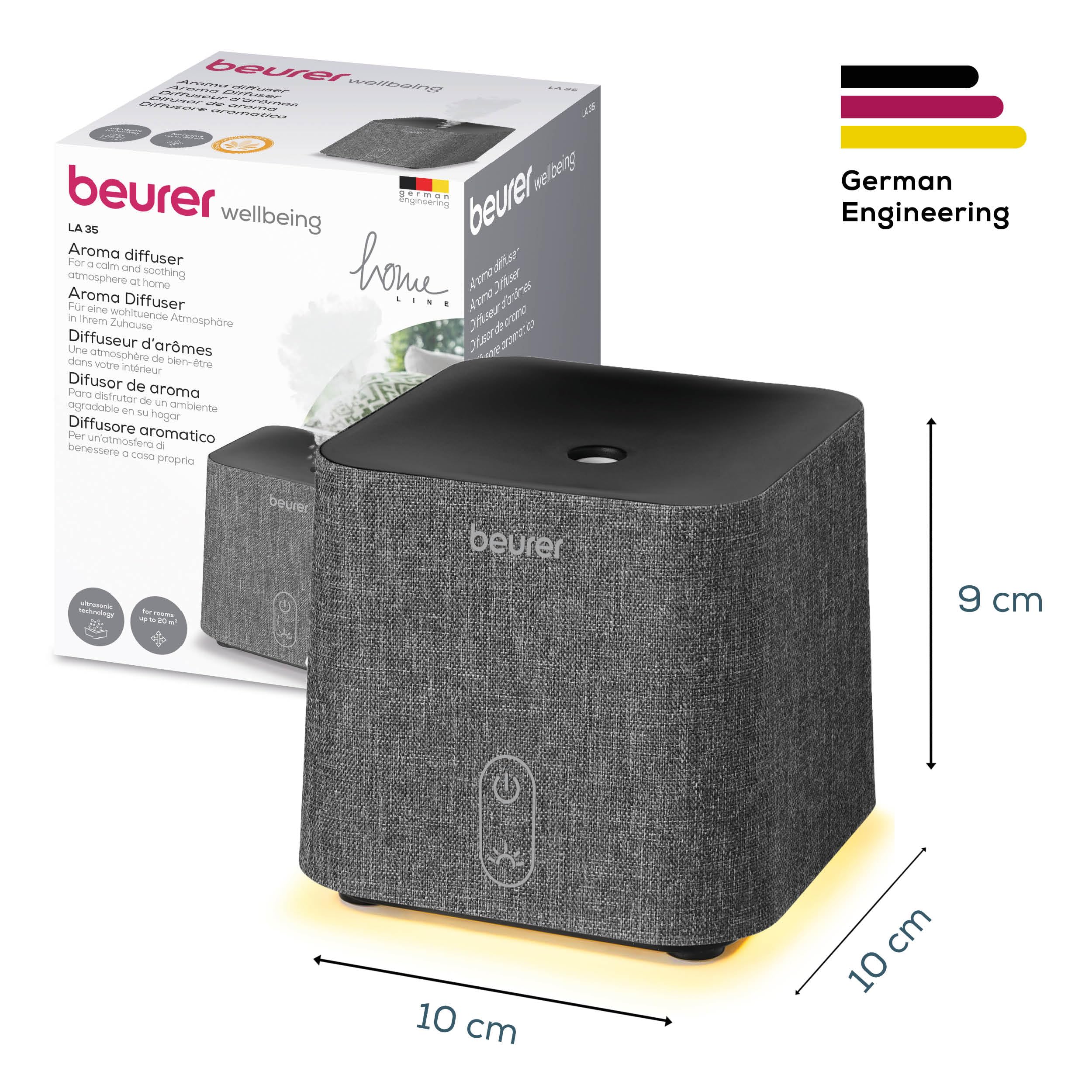 Beurer LA 35 Difusor de aromas, para aromatización de estancias de hasta 20 m², atomización microfina con ultrasonidos, con luz LED, silencioso y de bajo consumo, desconexión automática