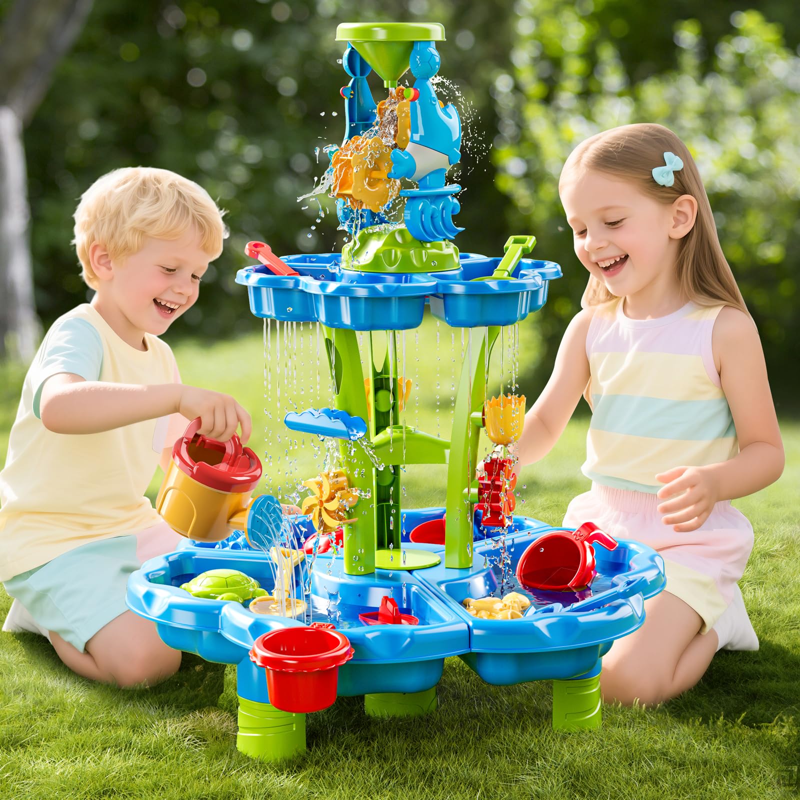 2-stufiger Blumen Sand- & Wassertisch für Kleinkinder 3-5 Jahre, Sensorik-Spieltisch für Kinder, Sommer Strand Planschspielzeug für Garten Hof, Wasser Sandkasten Spielset
