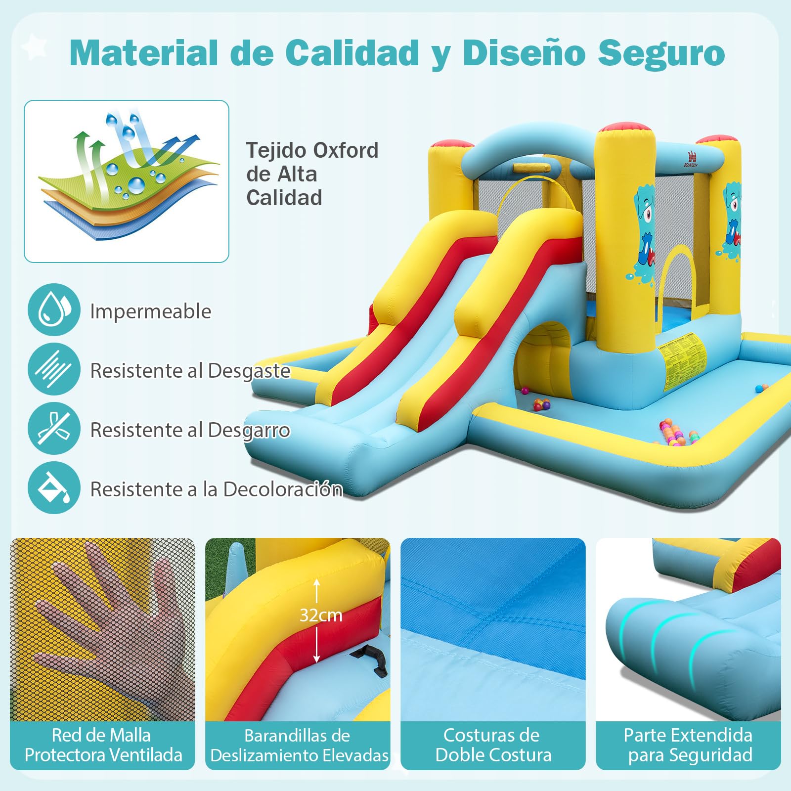 COSTWAY Castillo Hinchable 7 en 1, Grande, 394 x 389 x 194 cm, Niños 3 a 10 Años, Interior Exterior