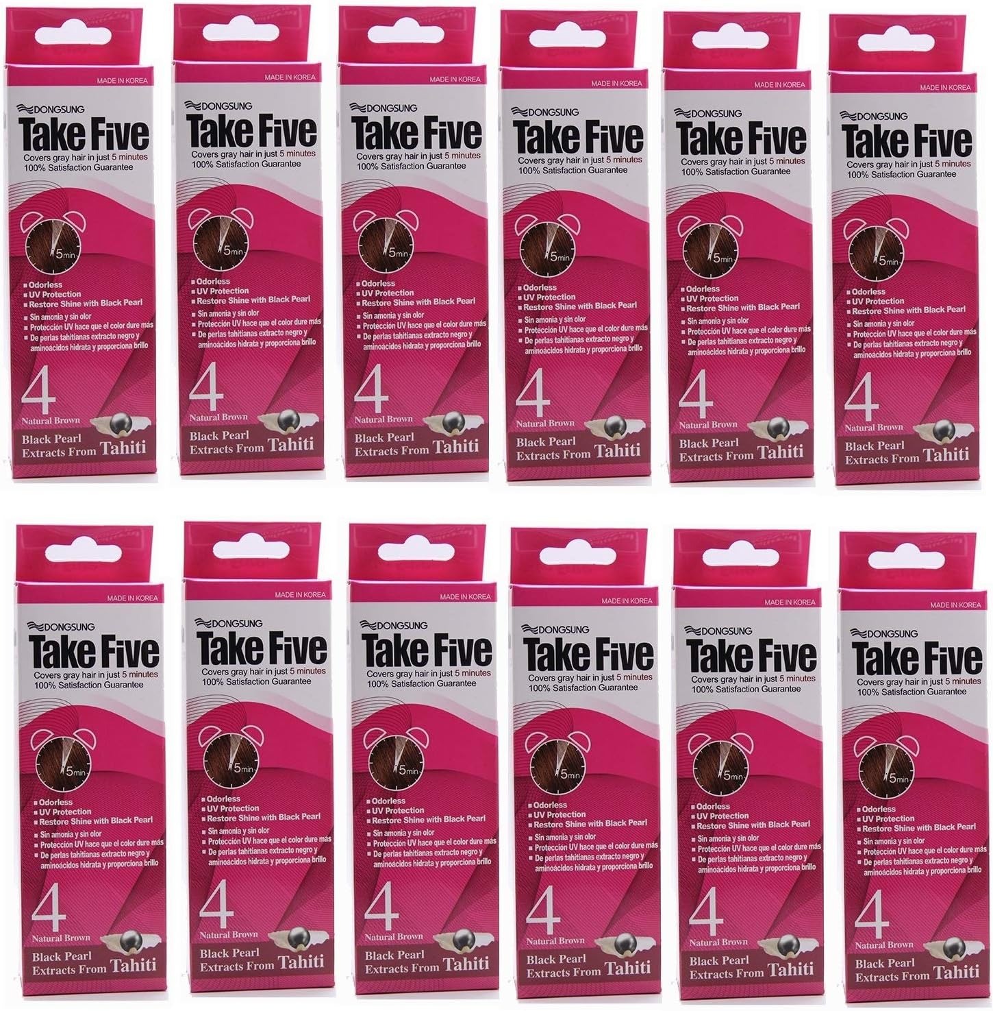 Dongsung Take 5 Hair Dye No. 4 Natural Brown Covers Gray Hair in Just 5 Minutes Without Any Foul Odor! Designed to Improve Damaged Hair (Pack of 12)