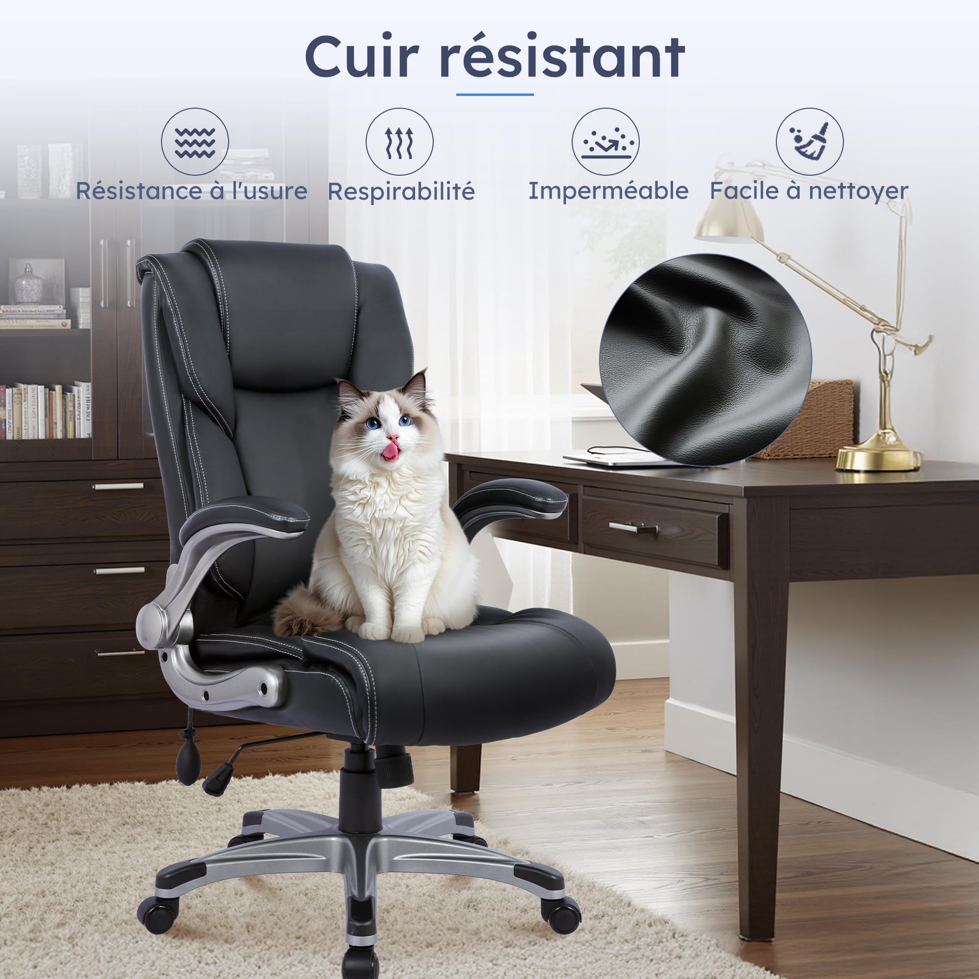MALOL Fauteuil de Bureau Ergonomique, Siège de Direction avec Dossier Haut, Chaise de Bureau en Cuir avec Accoudoirs Rembourrés et Rabattables, Verrouillage d'Inclinaison Réglable, Noir