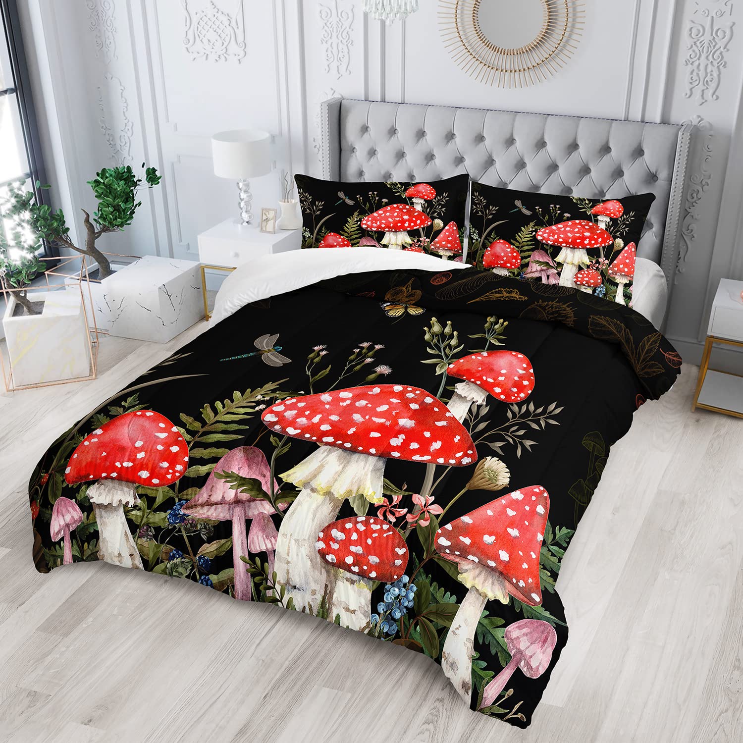 XYNHML Red Mushroom Kawaii Comforter Set Queen Size Kids Mushroom Dragonfly Bedding Set Botanical Plant Theme Print Quilt Bed Set for Boys Girls