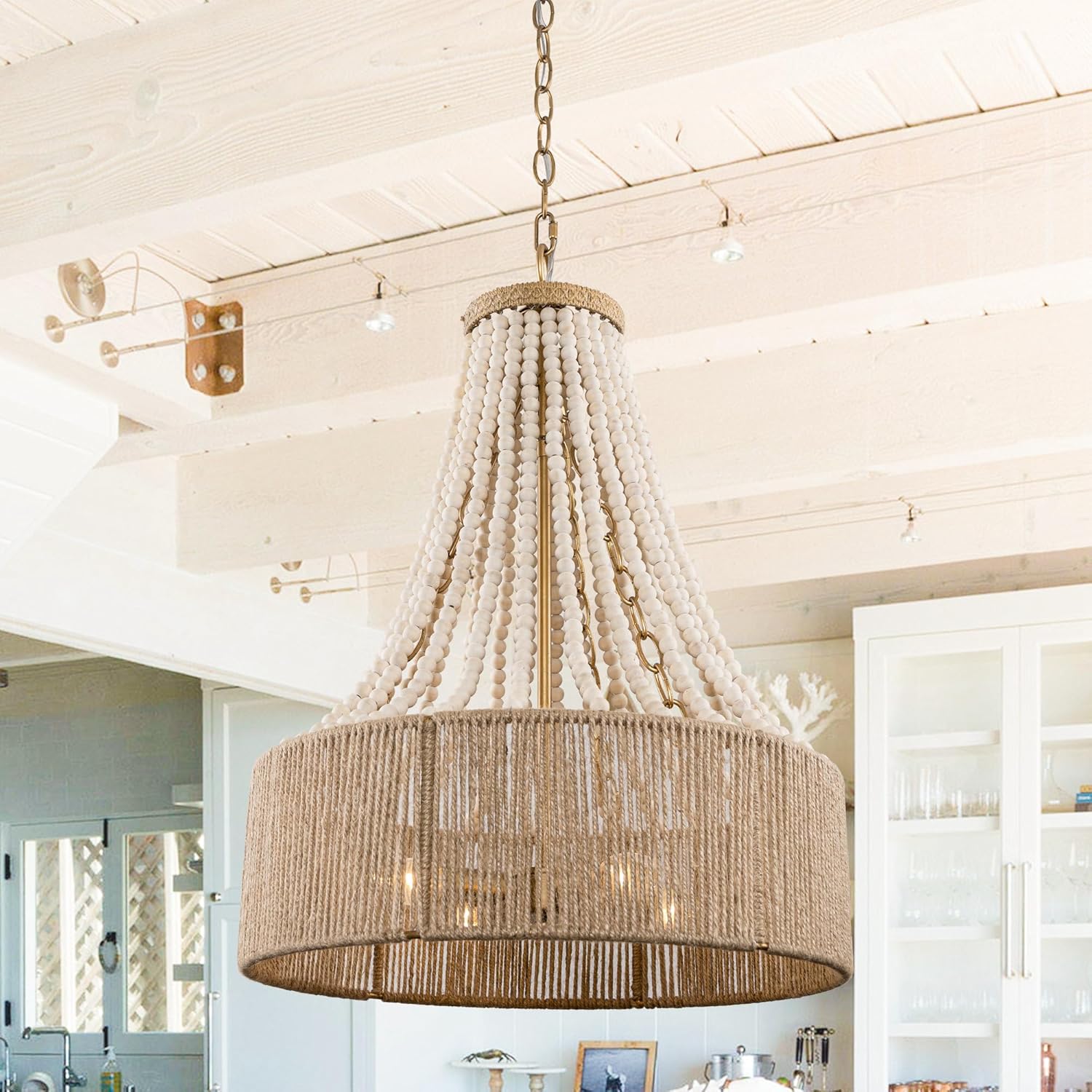 Wood Beaded Chandelier - French Country Farmhouse Chandelier - Bohemia Chandeliers for Dining Room, Distressed Gold 4-Light Adjustable Chain for Kitchen Island Dining Room, E12 Socket