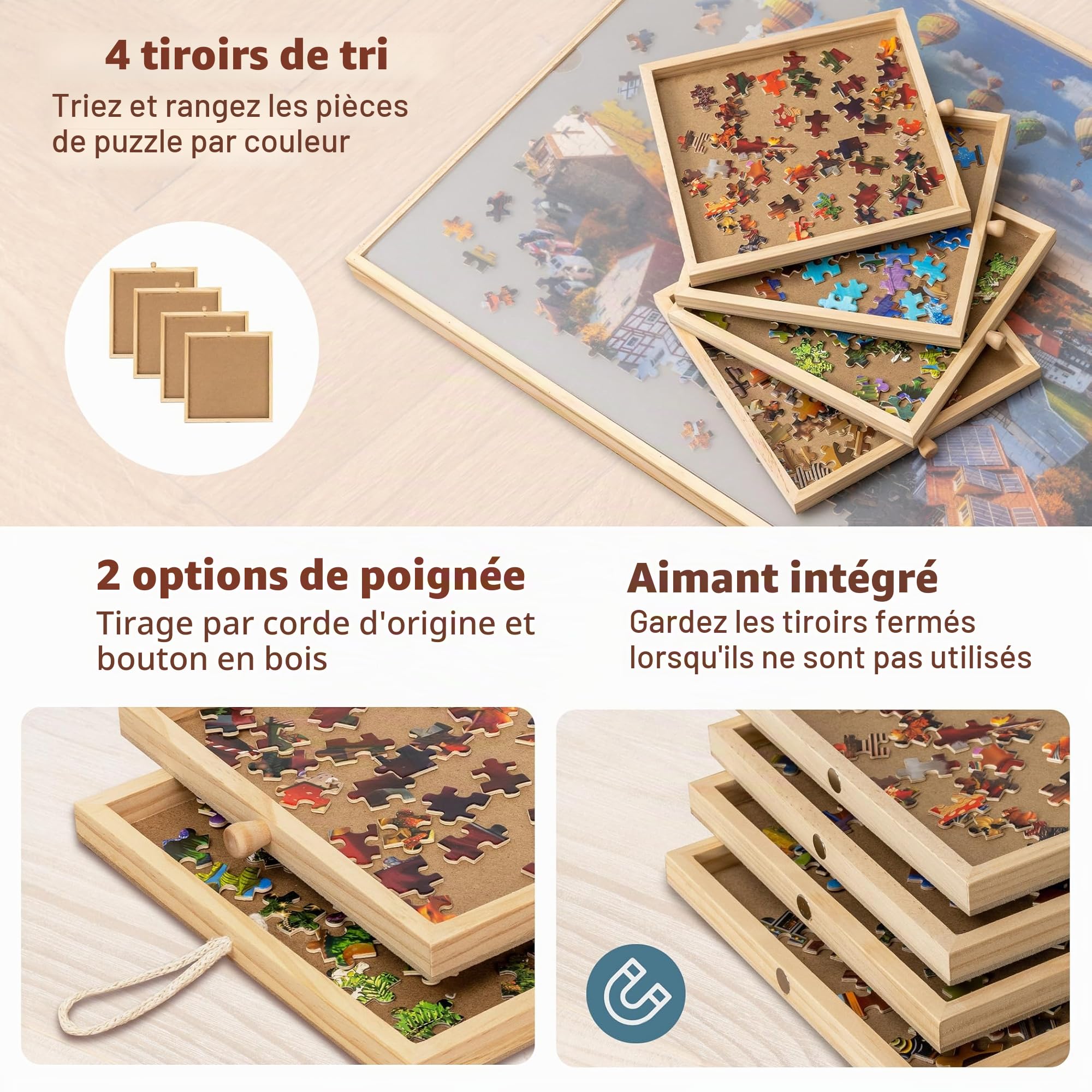 Becko US Planche de puzzle inclinable de 1 000 pièces 4 tiroirs colorés Couverture Table de puzzle réglable avec chevalet intégré Rangement pour adultes Plateau en